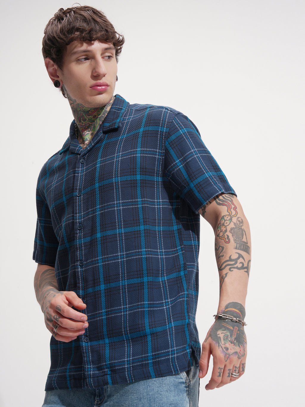 Locomotive Men Navy Blue Checked Relaxed Fit Casual Shirt - Navy Blue - Image 4