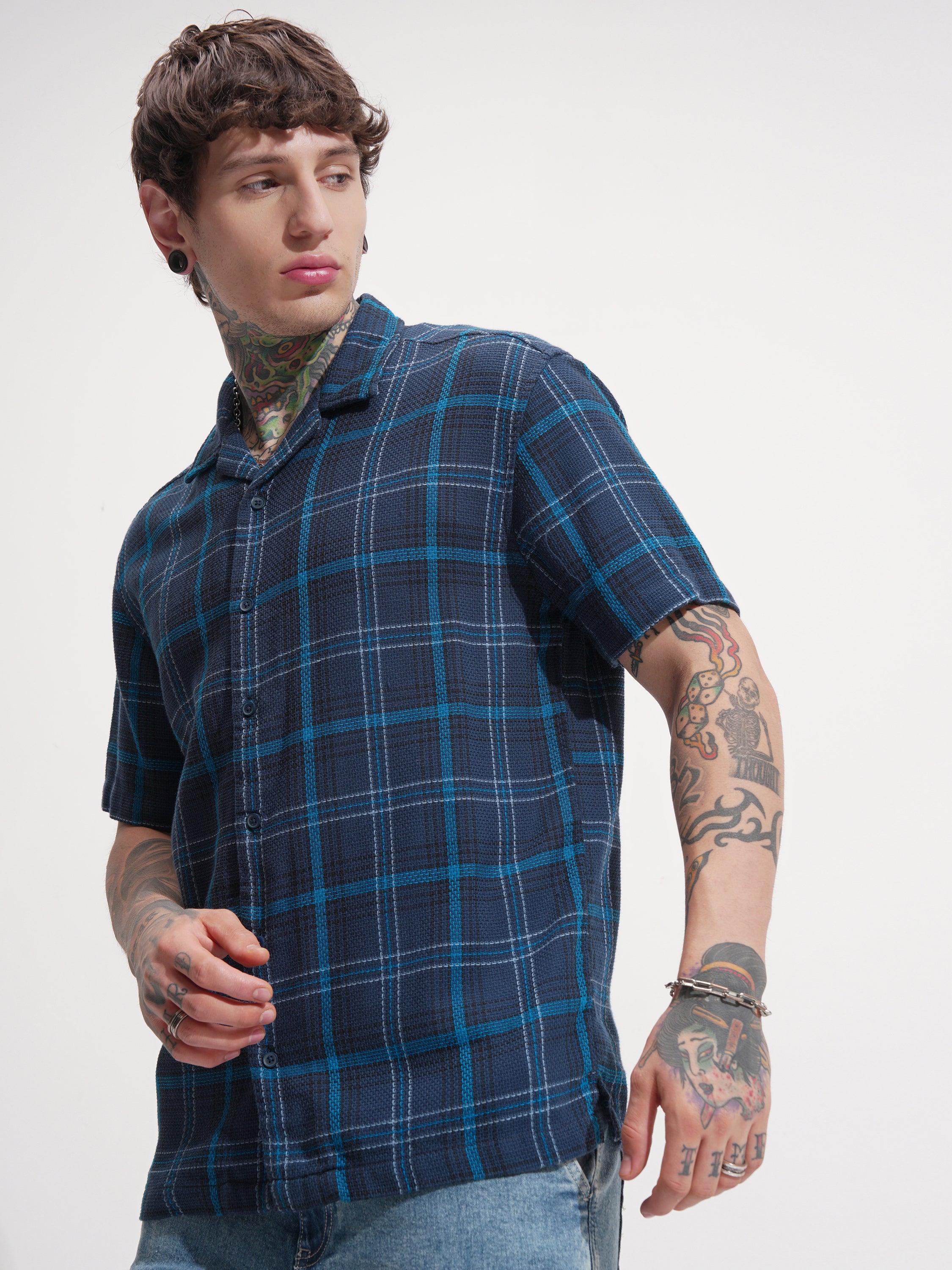 Locomotive Men Navy Blue Checked Relaxed Fit Casual Shirt - Navy Blue - Image 4