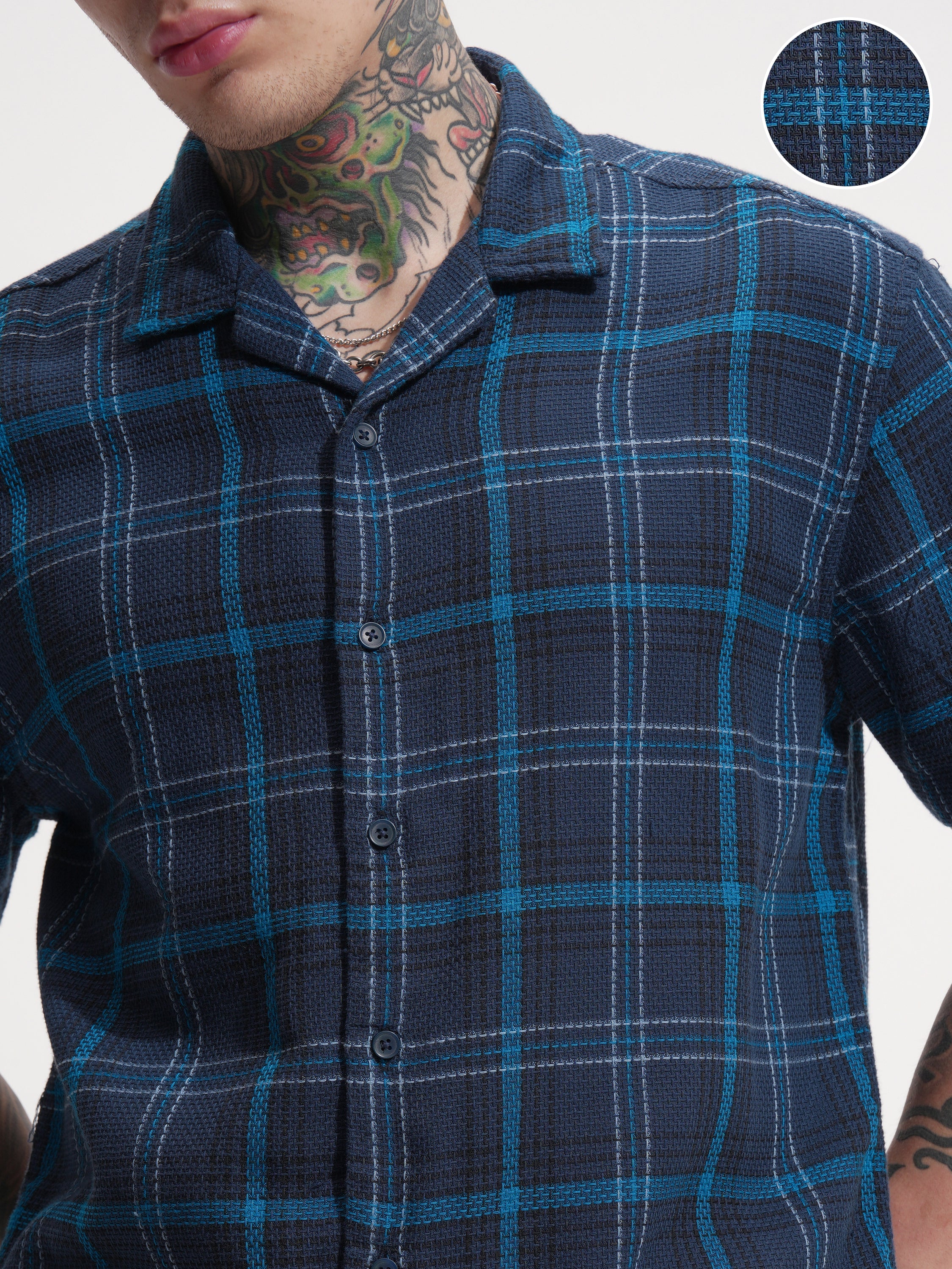 Locomotive Men Navy Blue Checked Relaxed Fit Casual Shirt - Navy Blue - Image 5