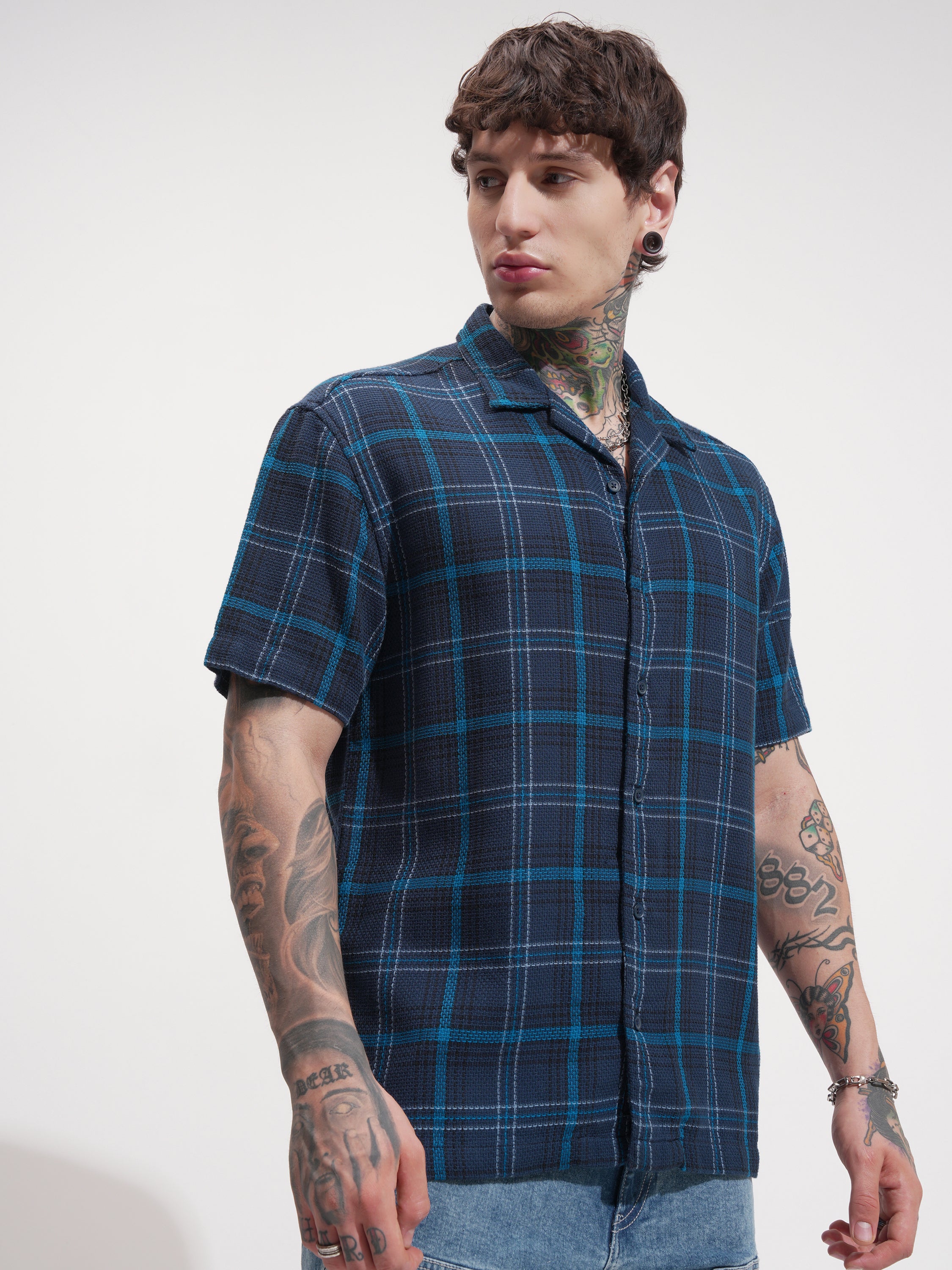 Locomotive Men Navy Blue Checked Relaxed Fit Casual Shirt - Navy Blue - Image 6