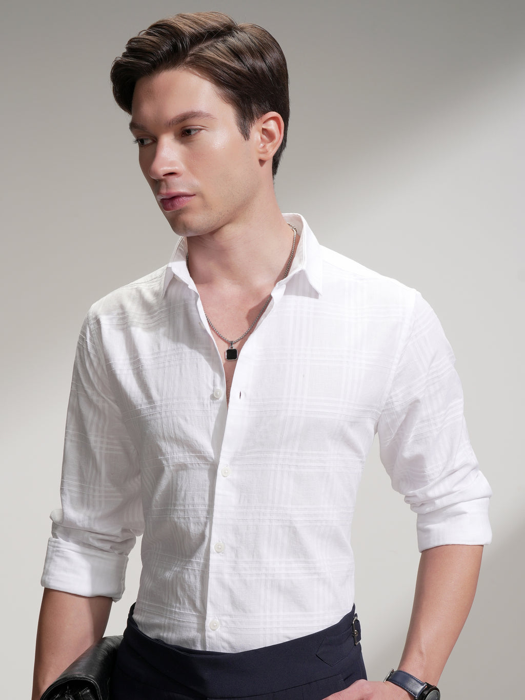 Locomotive Men White Checked Slim Fit Casual Shirt - White - Image 1