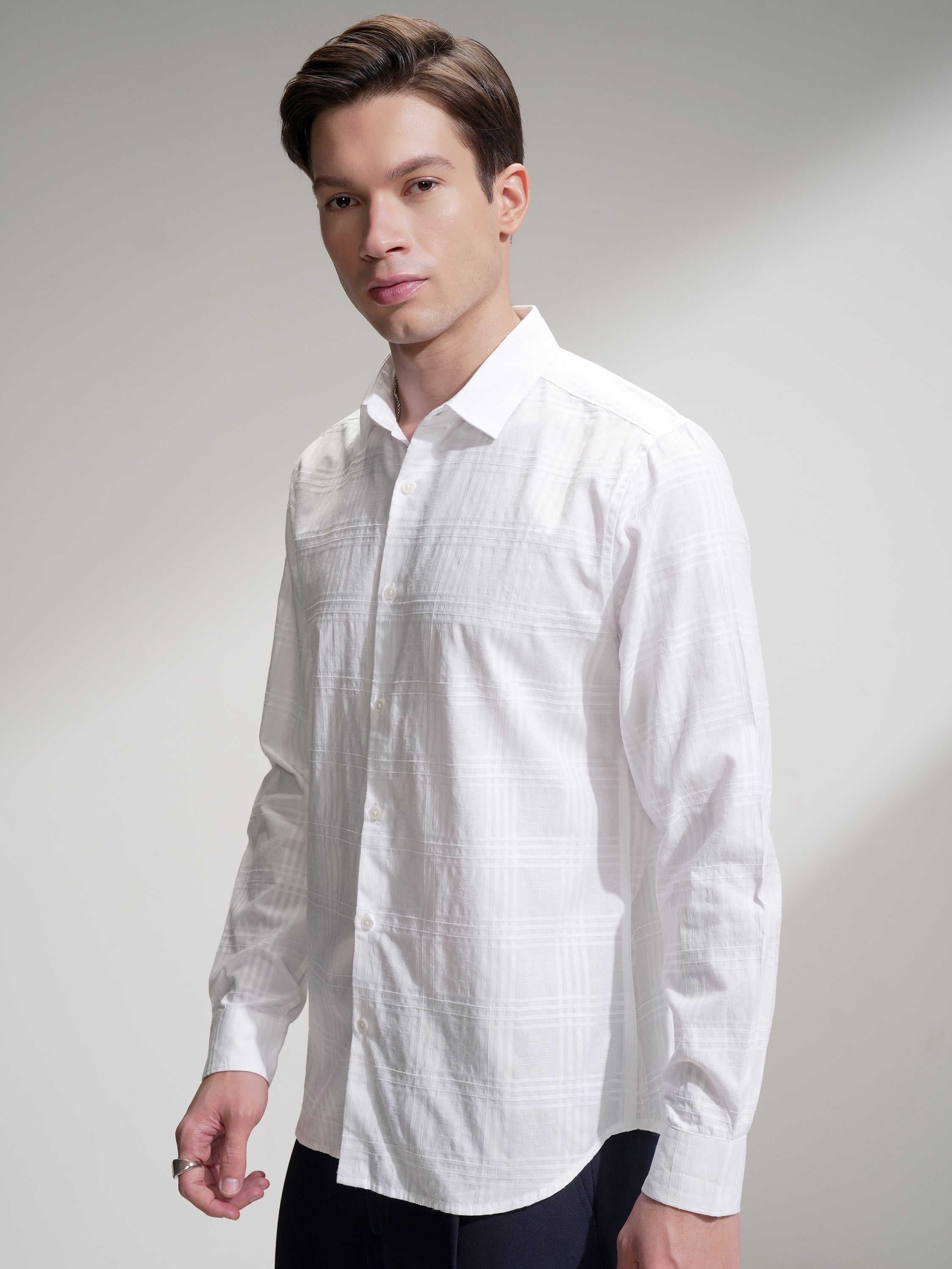 Locomotive Men White Checked Slim Fit Casual Shirt - White - Image 4