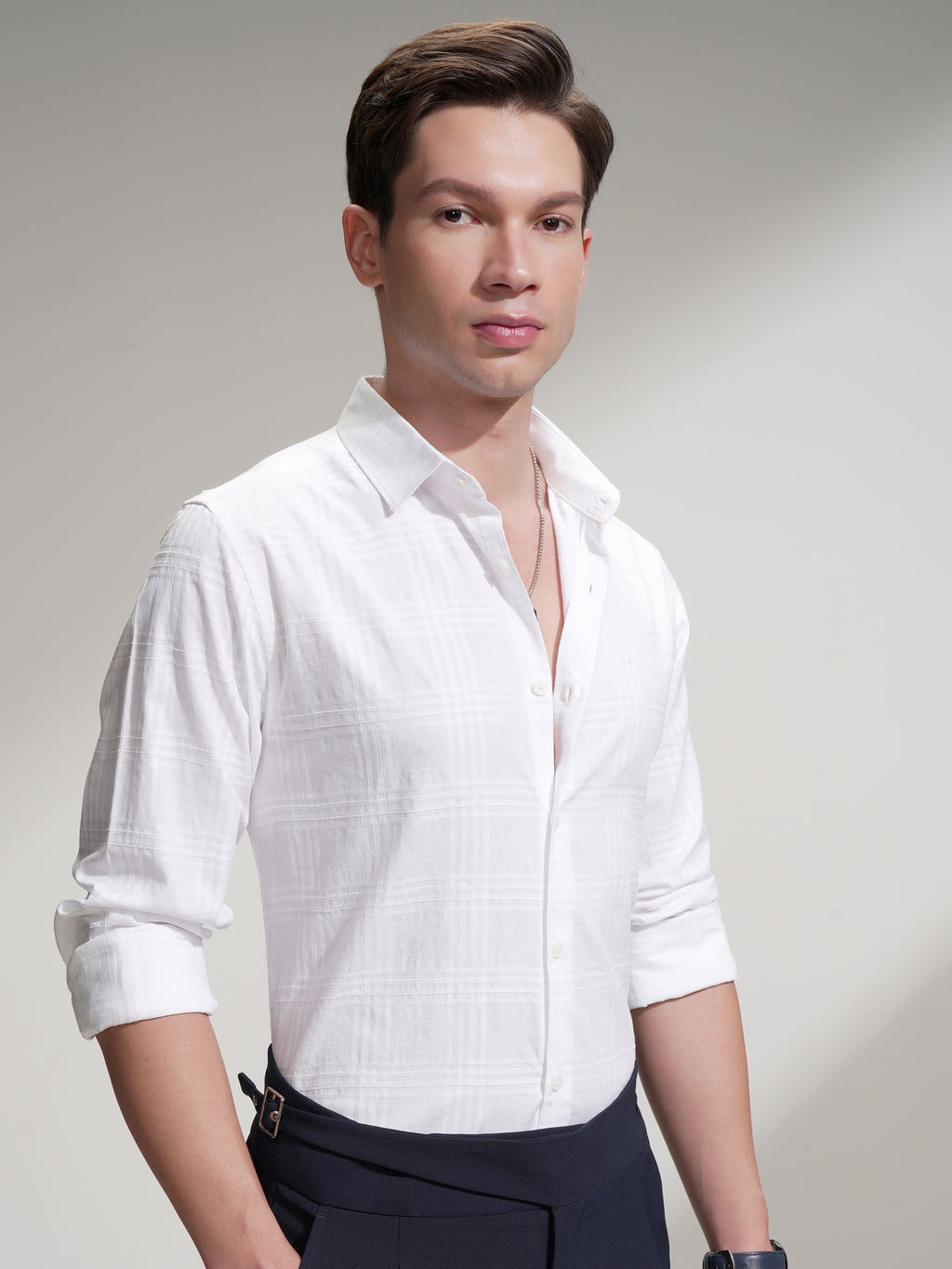 Locomotive Men White Checked Slim Fit Casual Shirt - White - Image 6