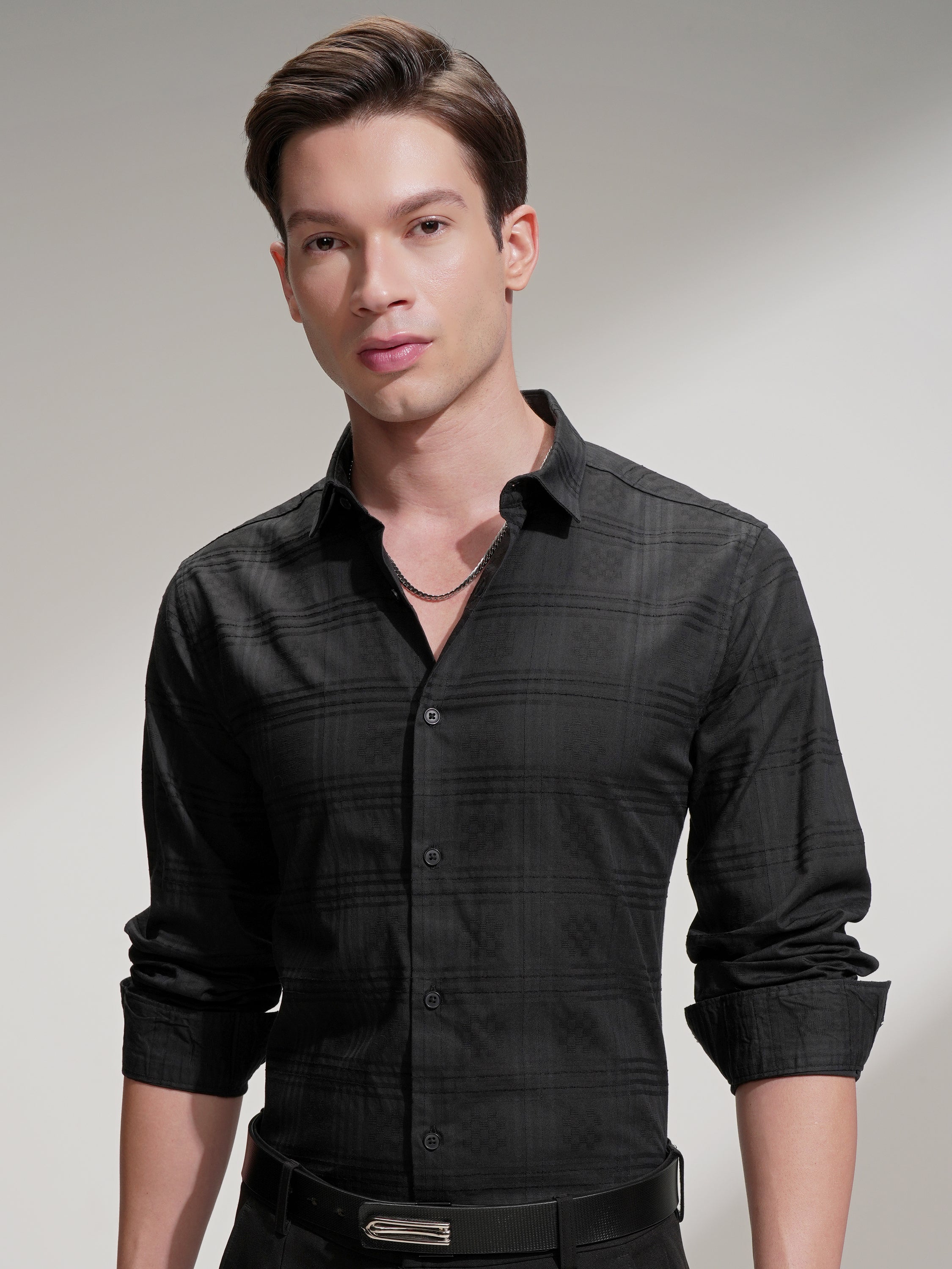 Locomotive Men Black Self Design Slim Fit Casual Shirt - Black - Image 1