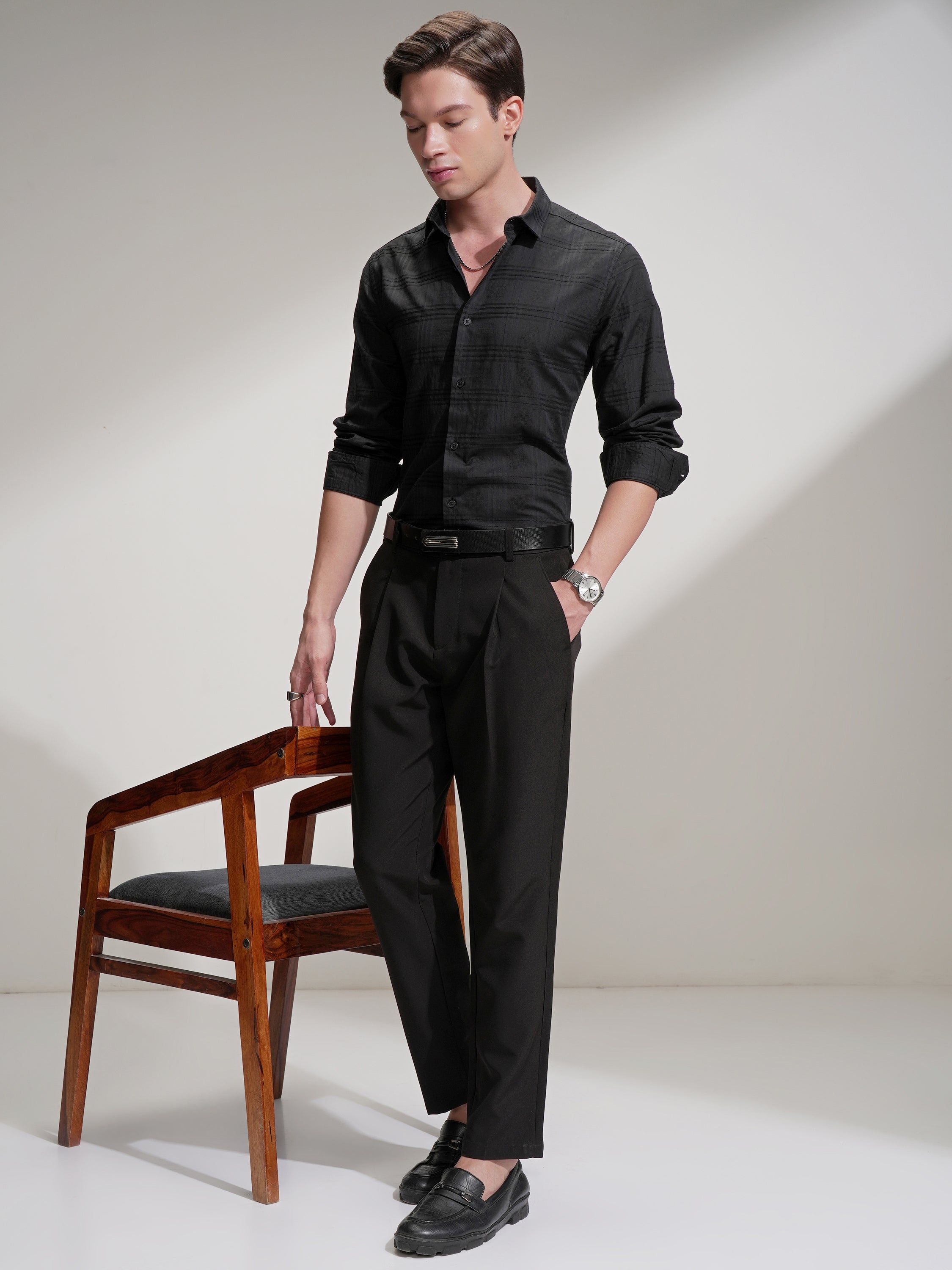 Locomotive Men Black Self Design Slim Fit Casual Shirt - Black - Image 2