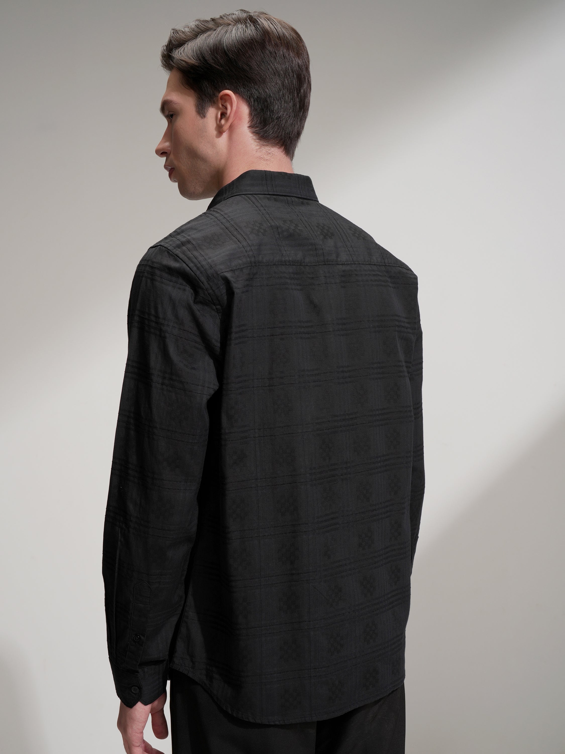 Locomotive Men Black Self Design Slim Fit Casual Shirt - Black - Image 3