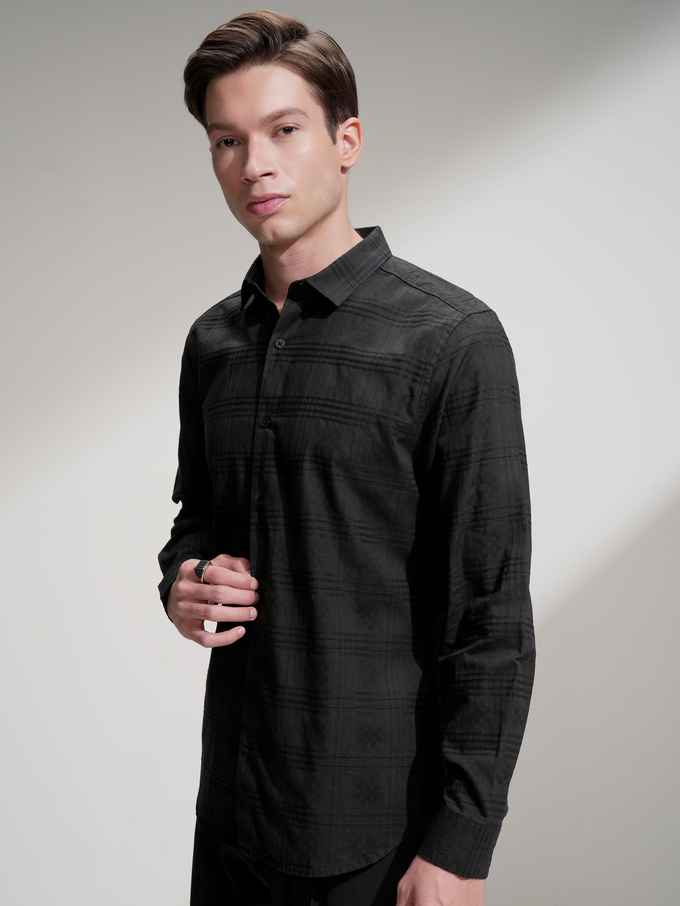 Locomotive Men Black Self Design Slim Fit Casual Shirt - Black - Image 4