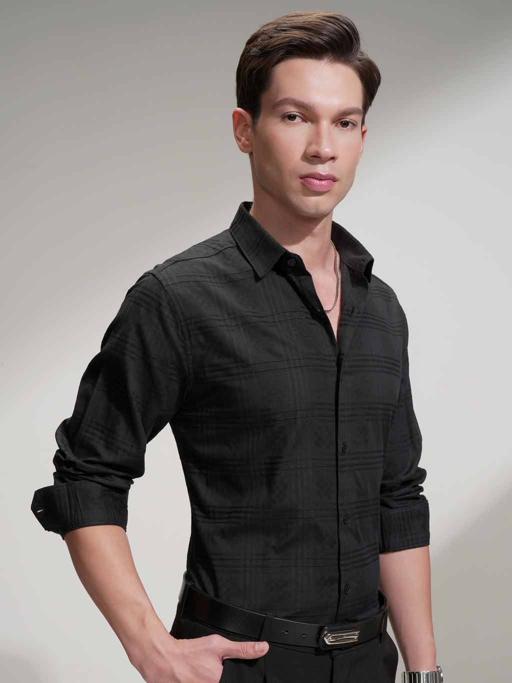 Locomotive Men Black Self Design Slim Fit Casual Shirt - Black - Image 6