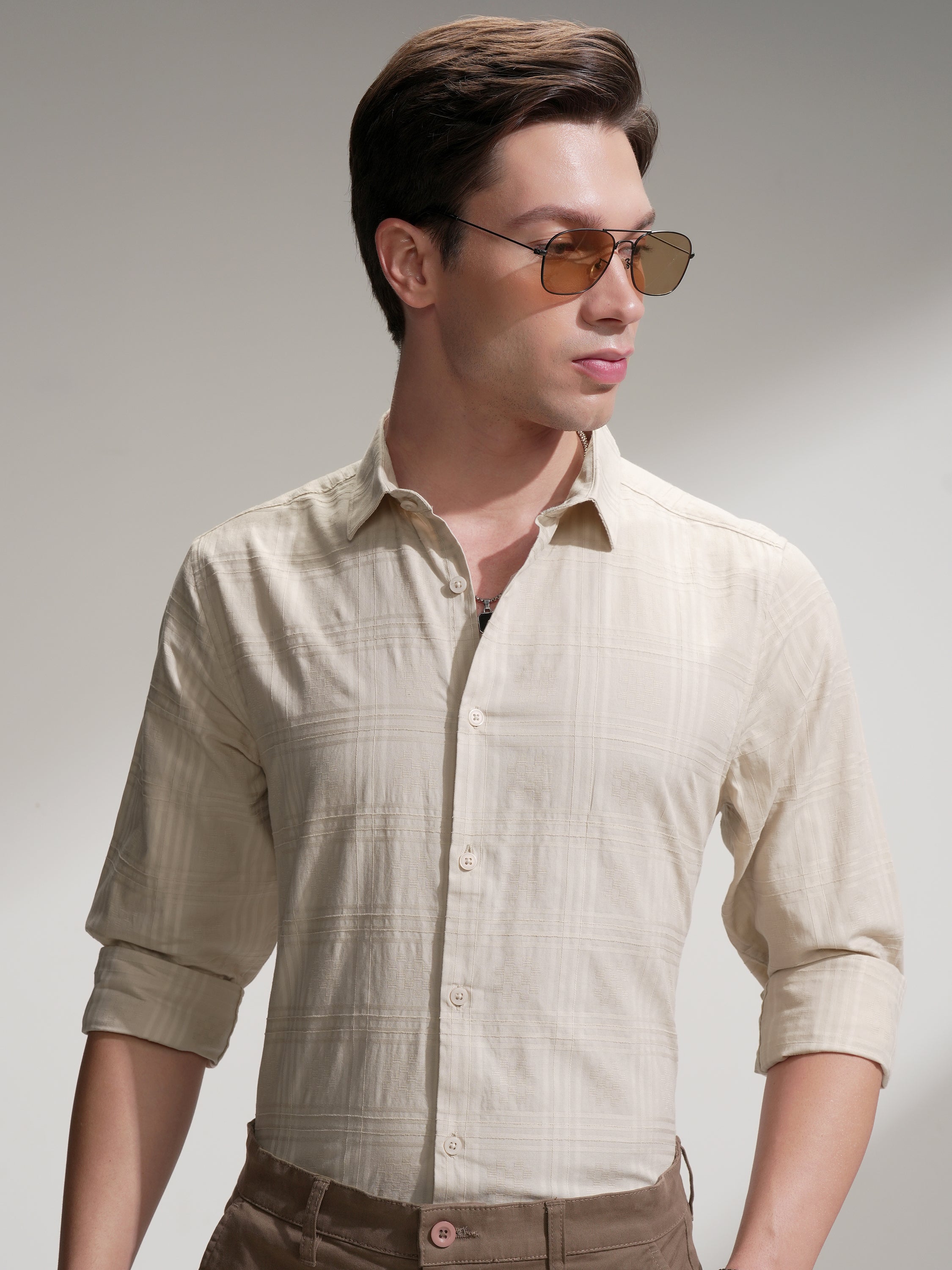 Locomotive Men Beige Self Design Slim Fit Casual Shirt - Beige - Image 1