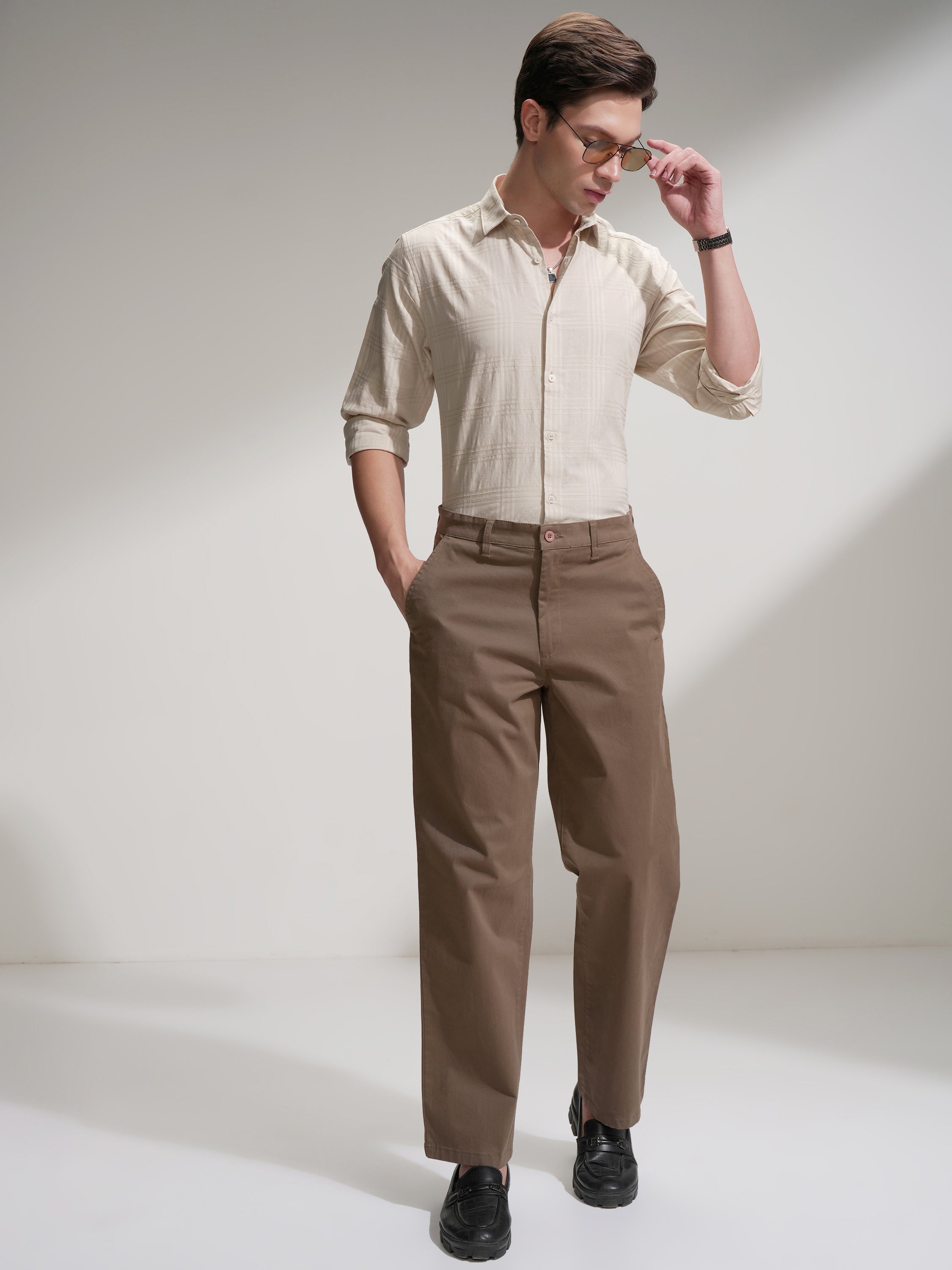Locomotive Men Beige Self Design Slim Fit Casual Shirt - Beige - Image 2