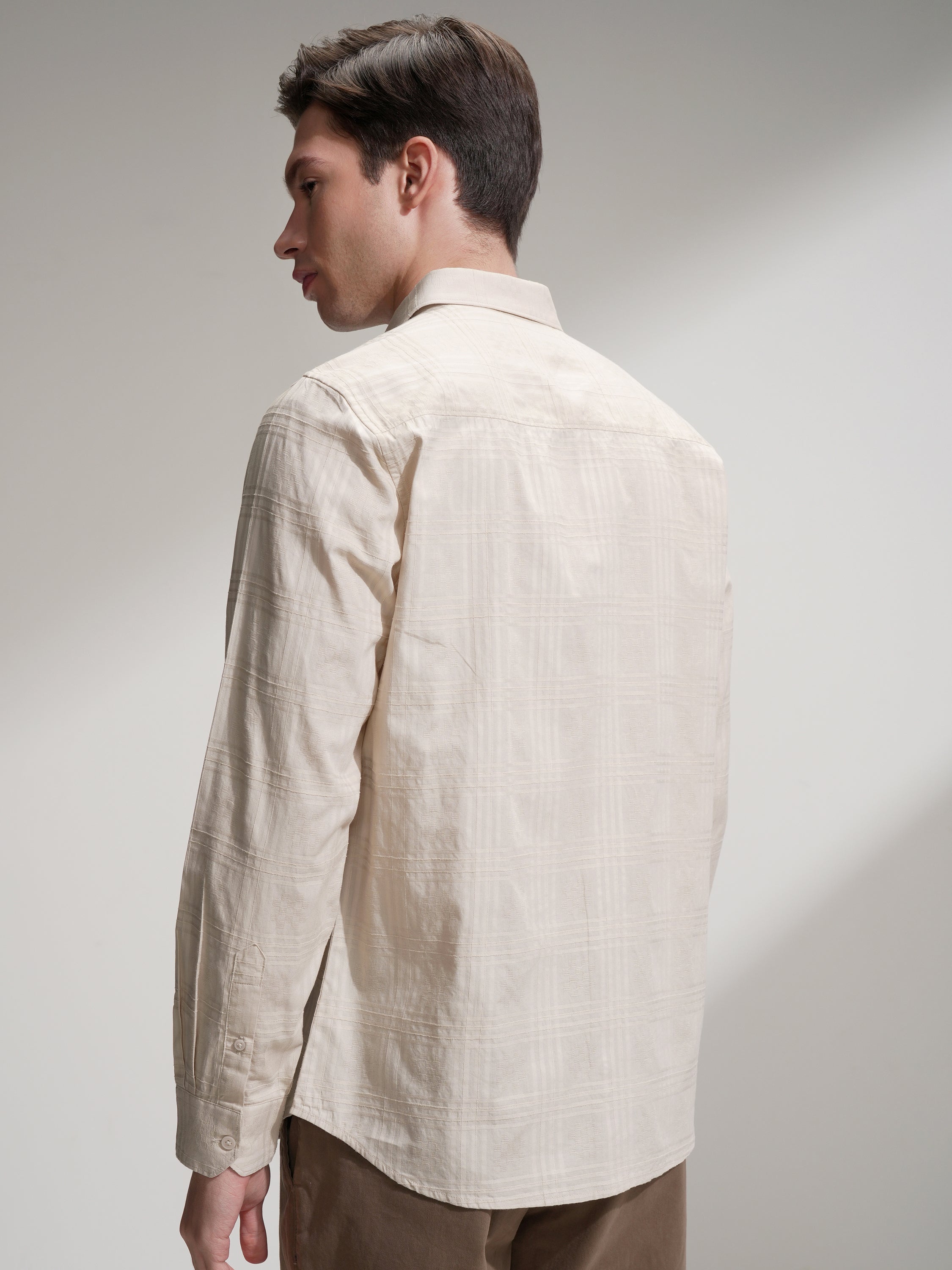 Locomotive Men Beige Self Design Slim Fit Casual Shirt - Beige - Image 3