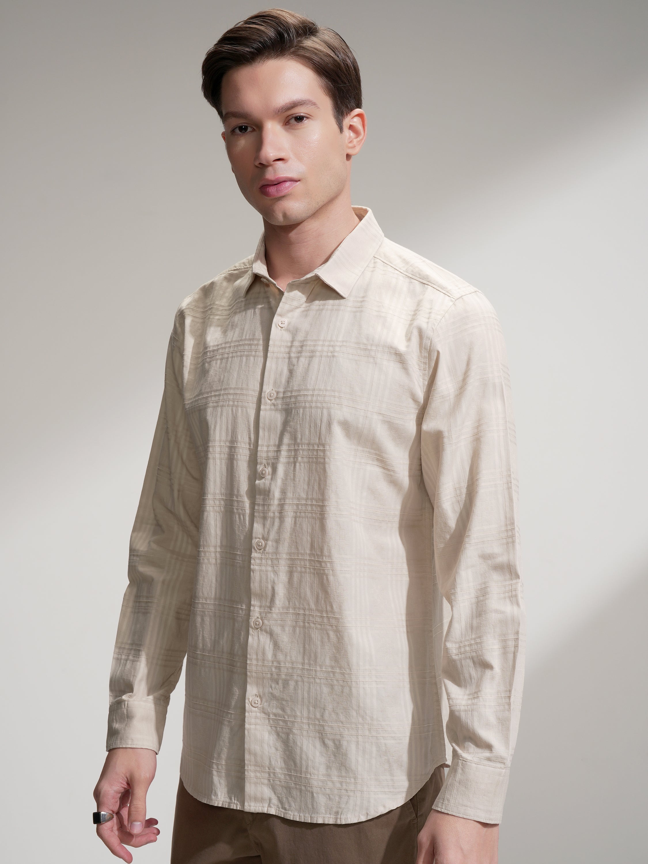 Locomotive Men Beige Self Design Slim Fit Casual Shirt - Beige - Image 4