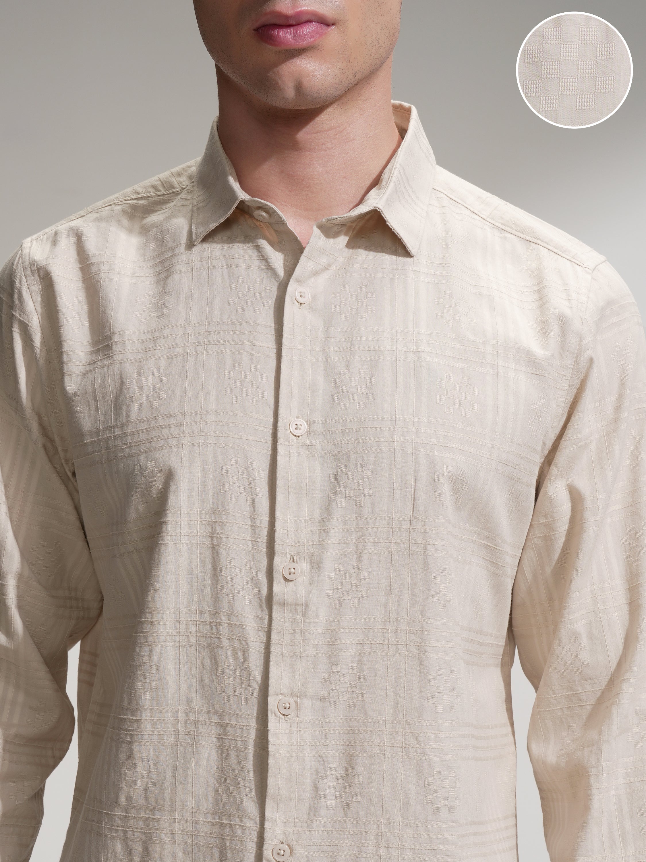 Locomotive Men Beige Self Design Slim Fit Casual Shirt - Beige - Image 5