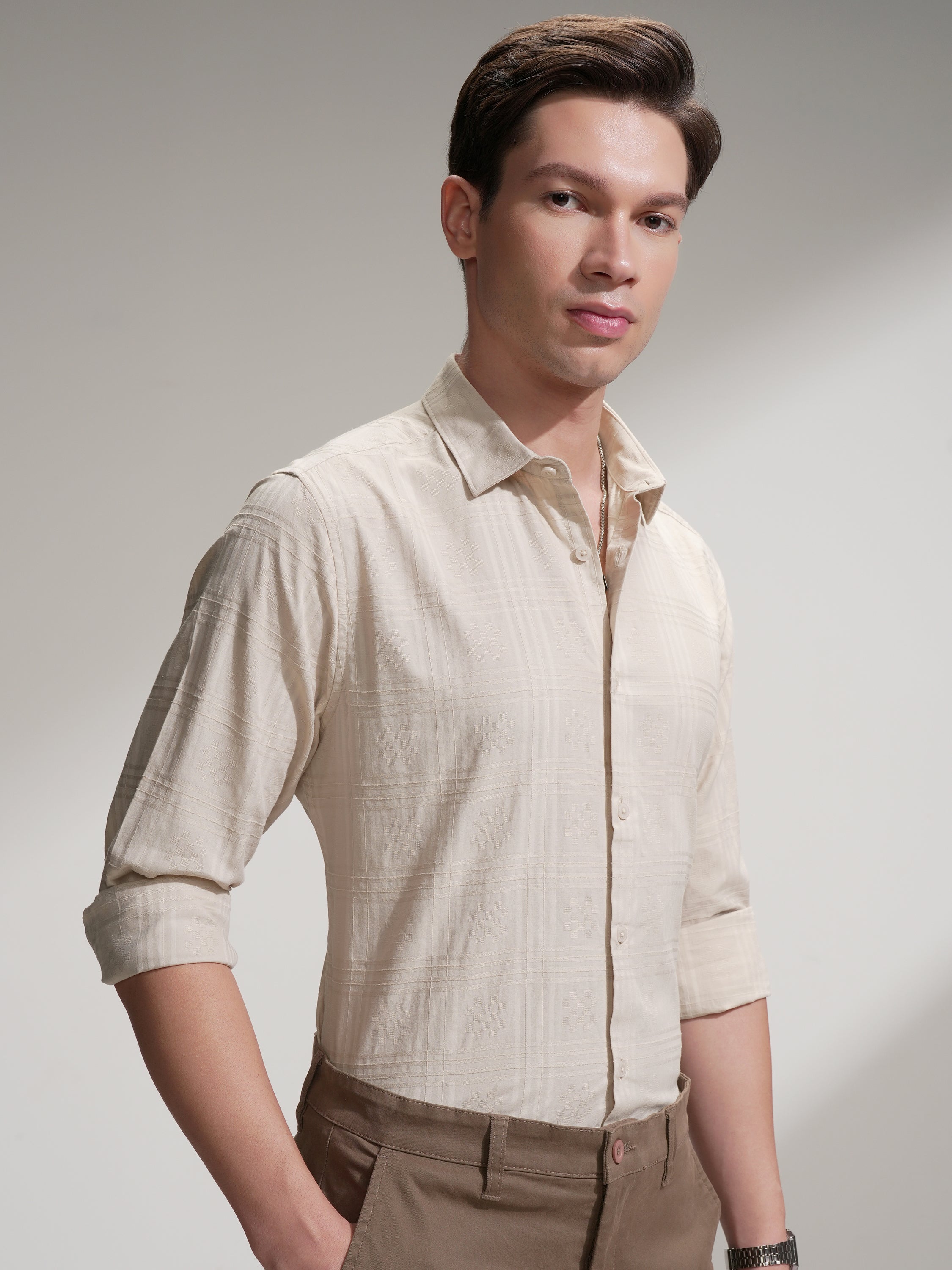 Locomotive Men Beige Self Design Slim Fit Casual Shirt - Beige - Image 6