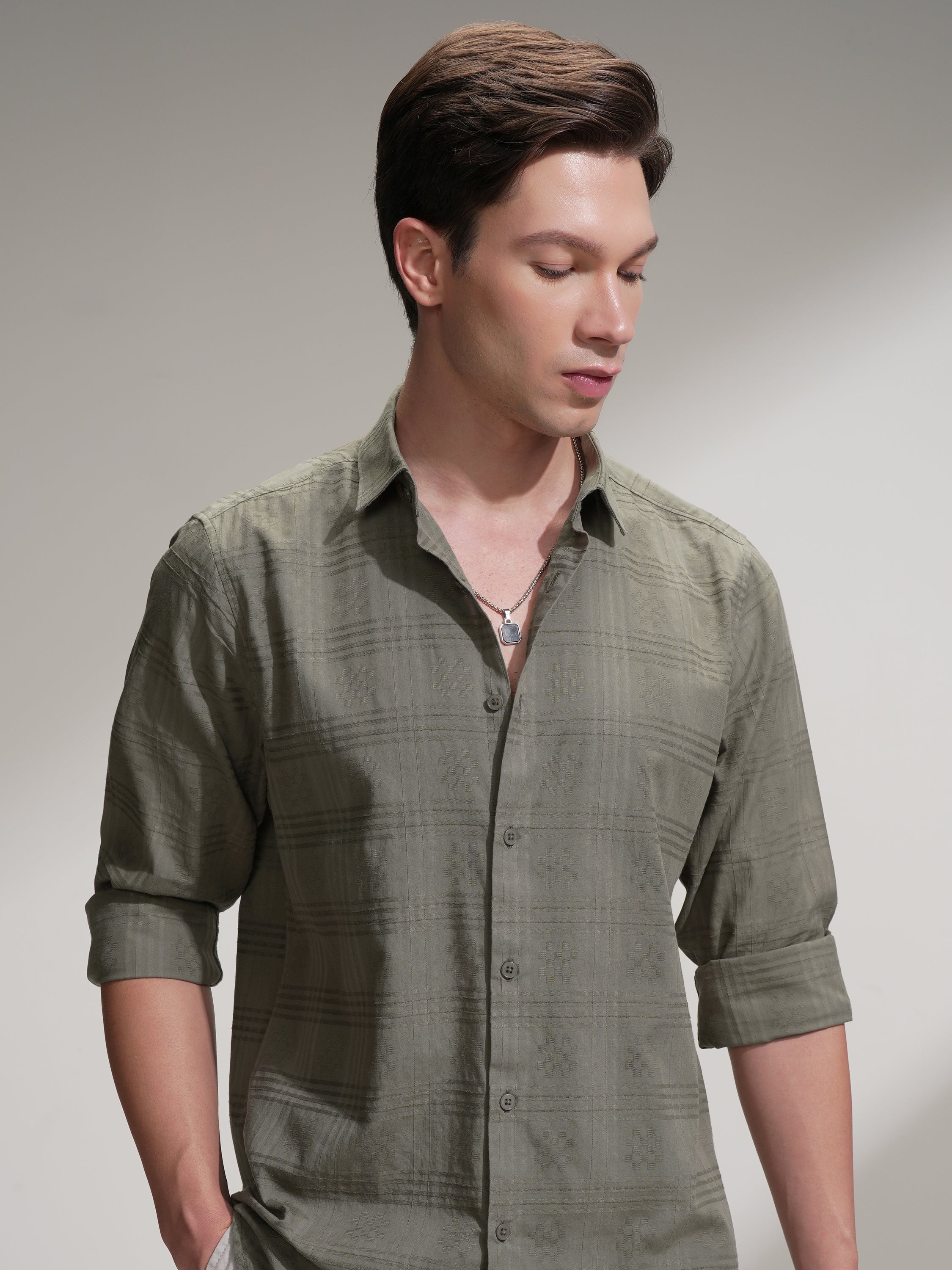 Locomotive Men Olive Self Design Slim Fit Casual Shirt - Olive - Image 1