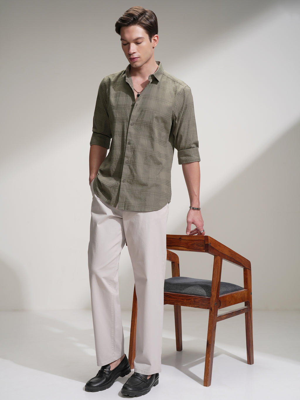 Locomotive Men Olive Self Design Slim Fit Casual Shirt - Olive - Image 2