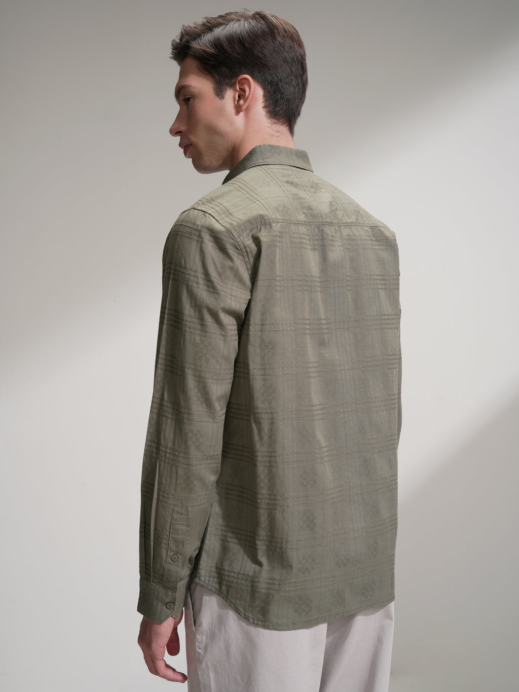 Locomotive Men Olive Self Design Slim Fit Casual Shirt - Olive - Image 3