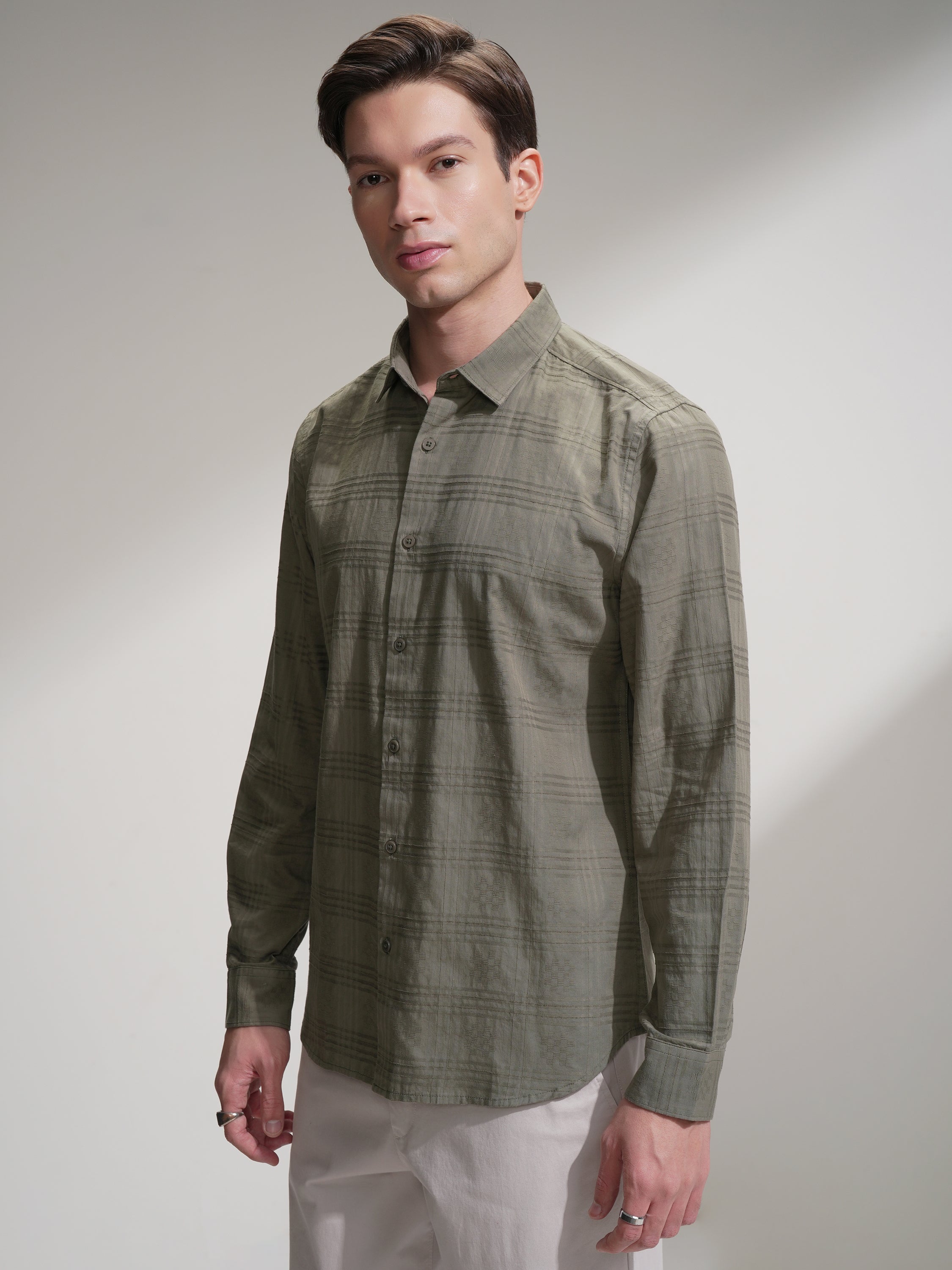 Locomotive Men Olive Self Design Slim Fit Casual Shirt - Olive - Image 4