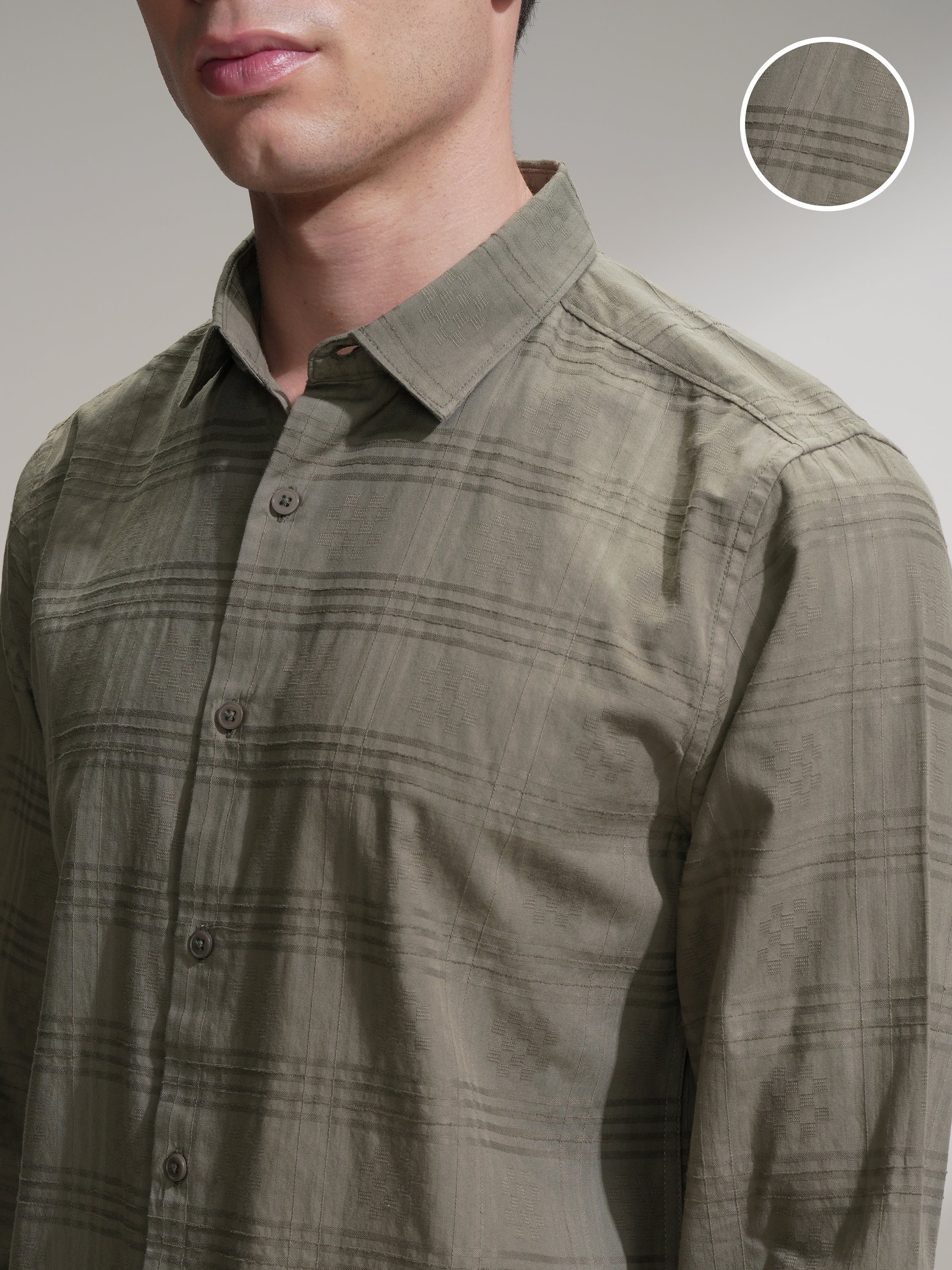 Locomotive Men Olive Self Design Slim Fit Casual Shirt - Olive - Image 5