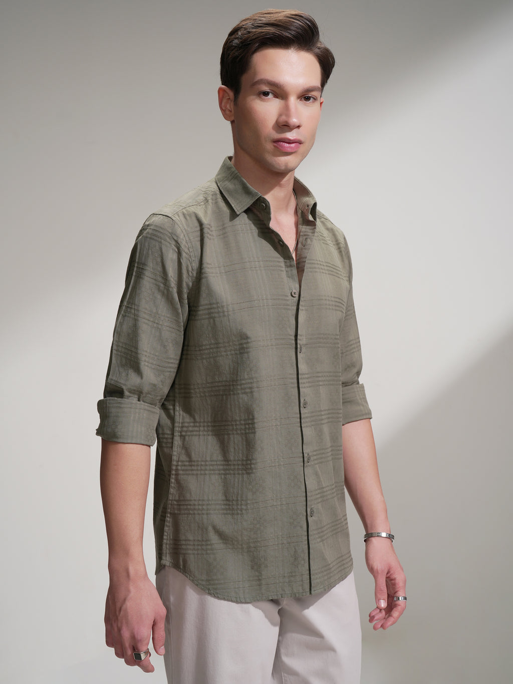 Locomotive Men Olive Self Design Slim Fit Casual Shirt - Olive - Image 6