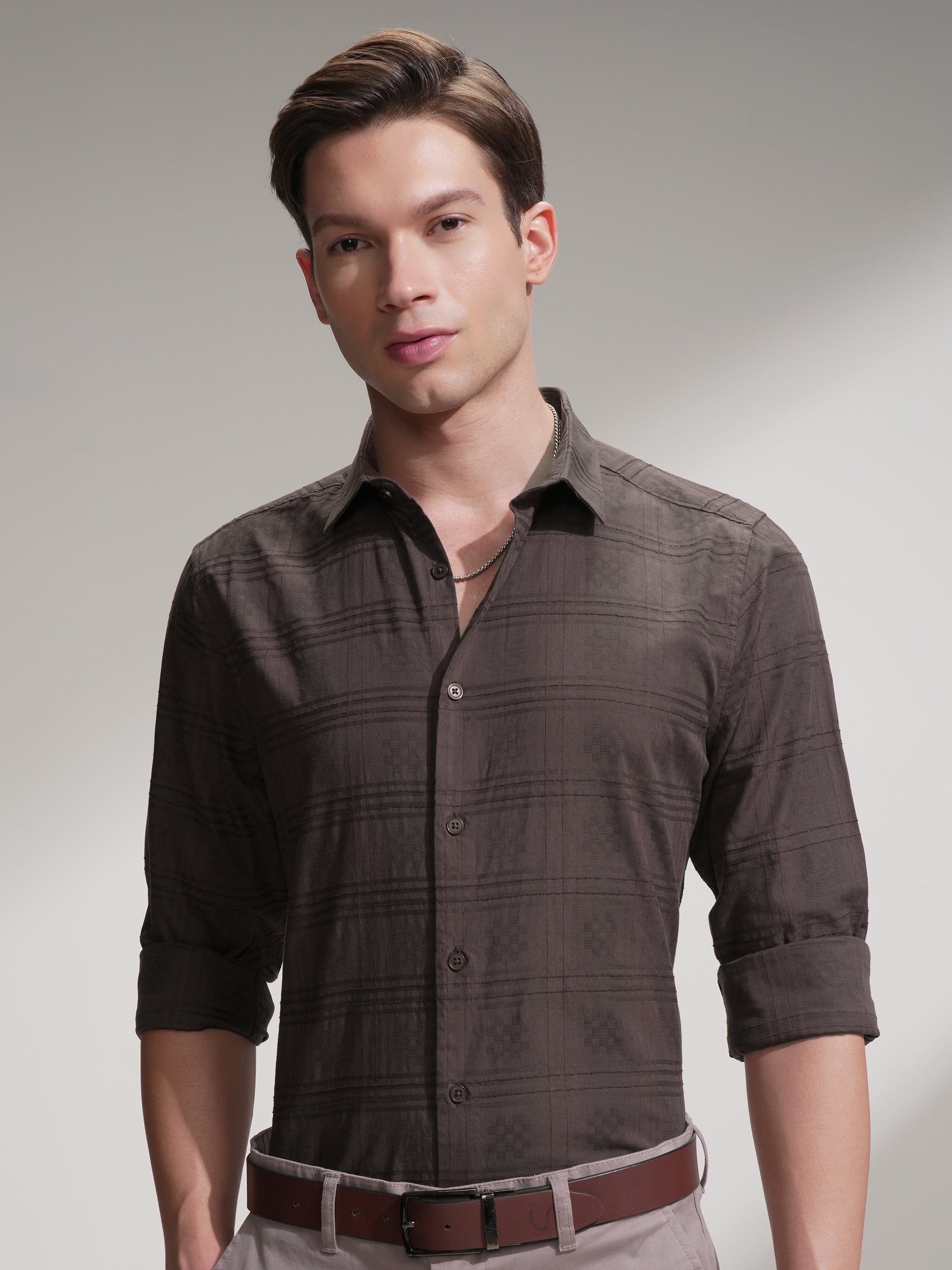Locomotive Men Brown Self Design Slim Fit Casual Shirt - Brown - Image 1