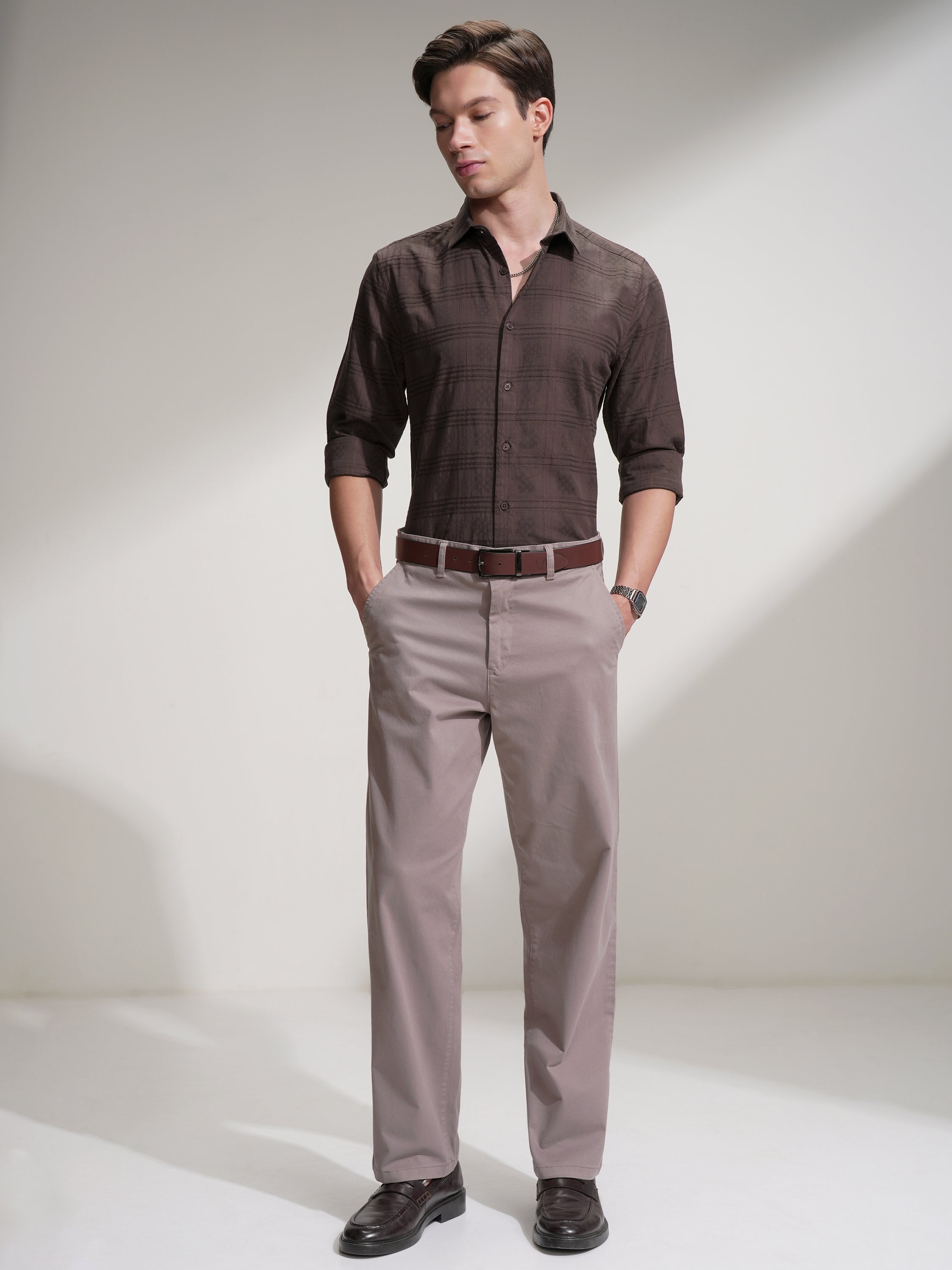 Locomotive Men Brown Self Design Slim Fit Casual Shirt - Brown - Image 2