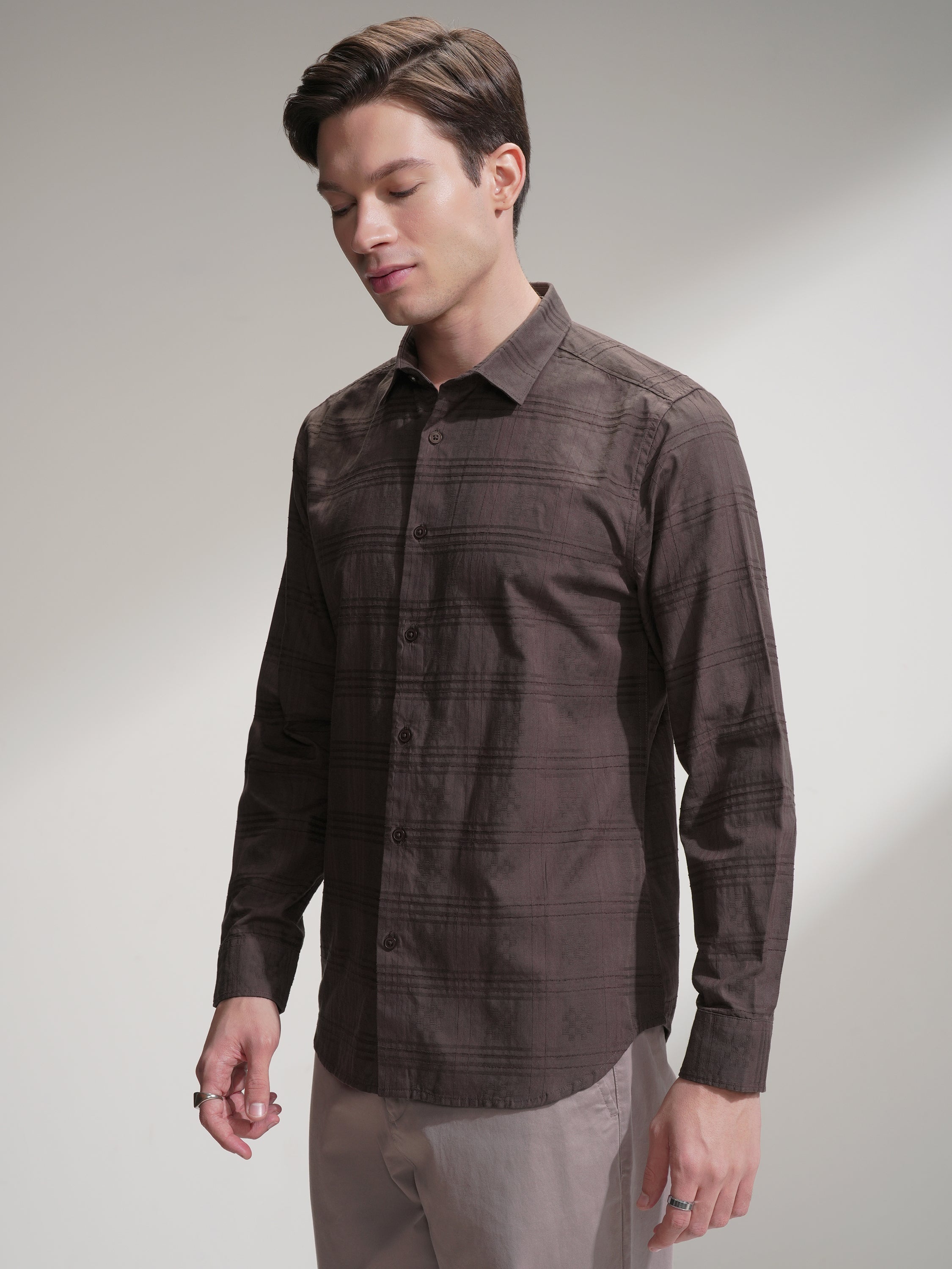 Locomotive Men Brown Self Design Slim Fit Casual Shirt - Brown - Image 4