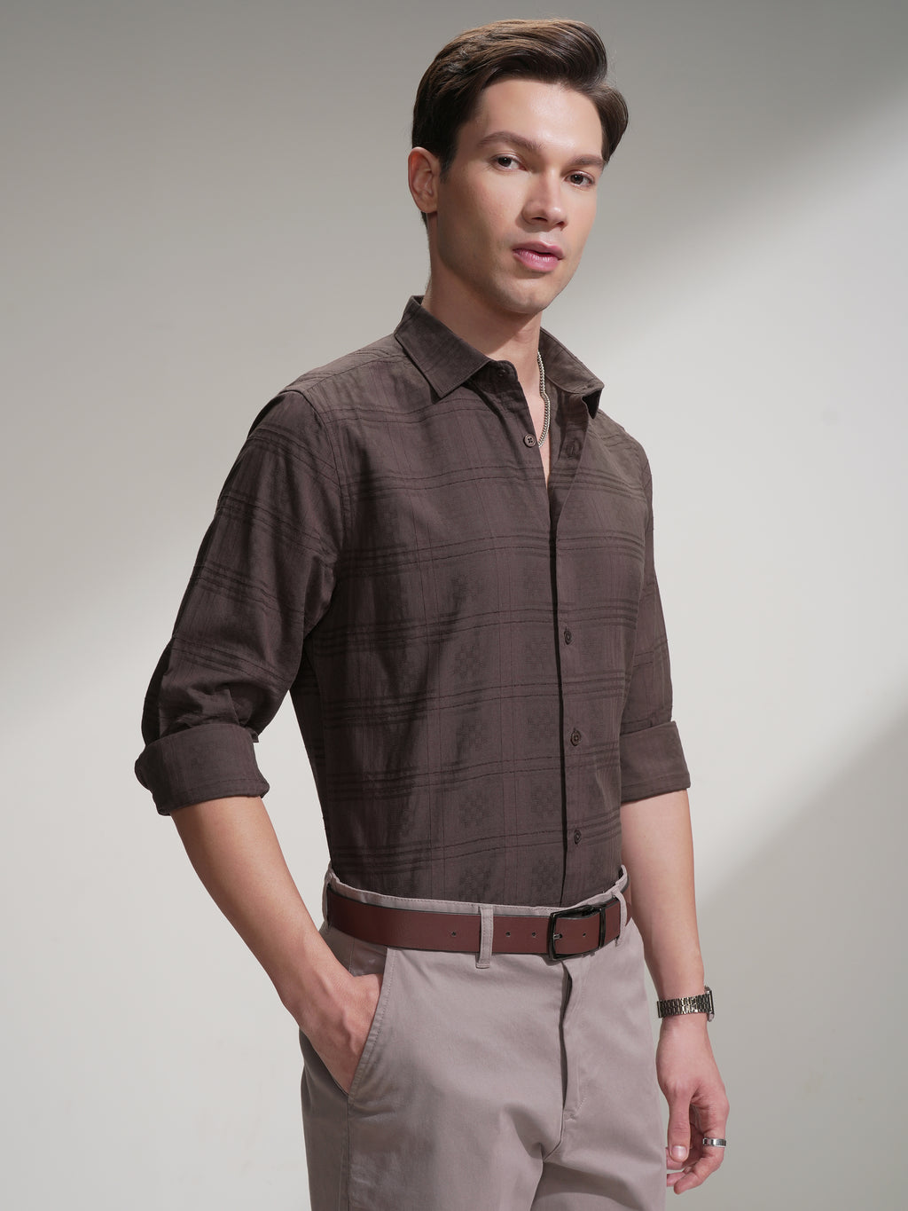 Locomotive Men Brown Self Design Slim Fit Casual Shirt - Brown - Image 6