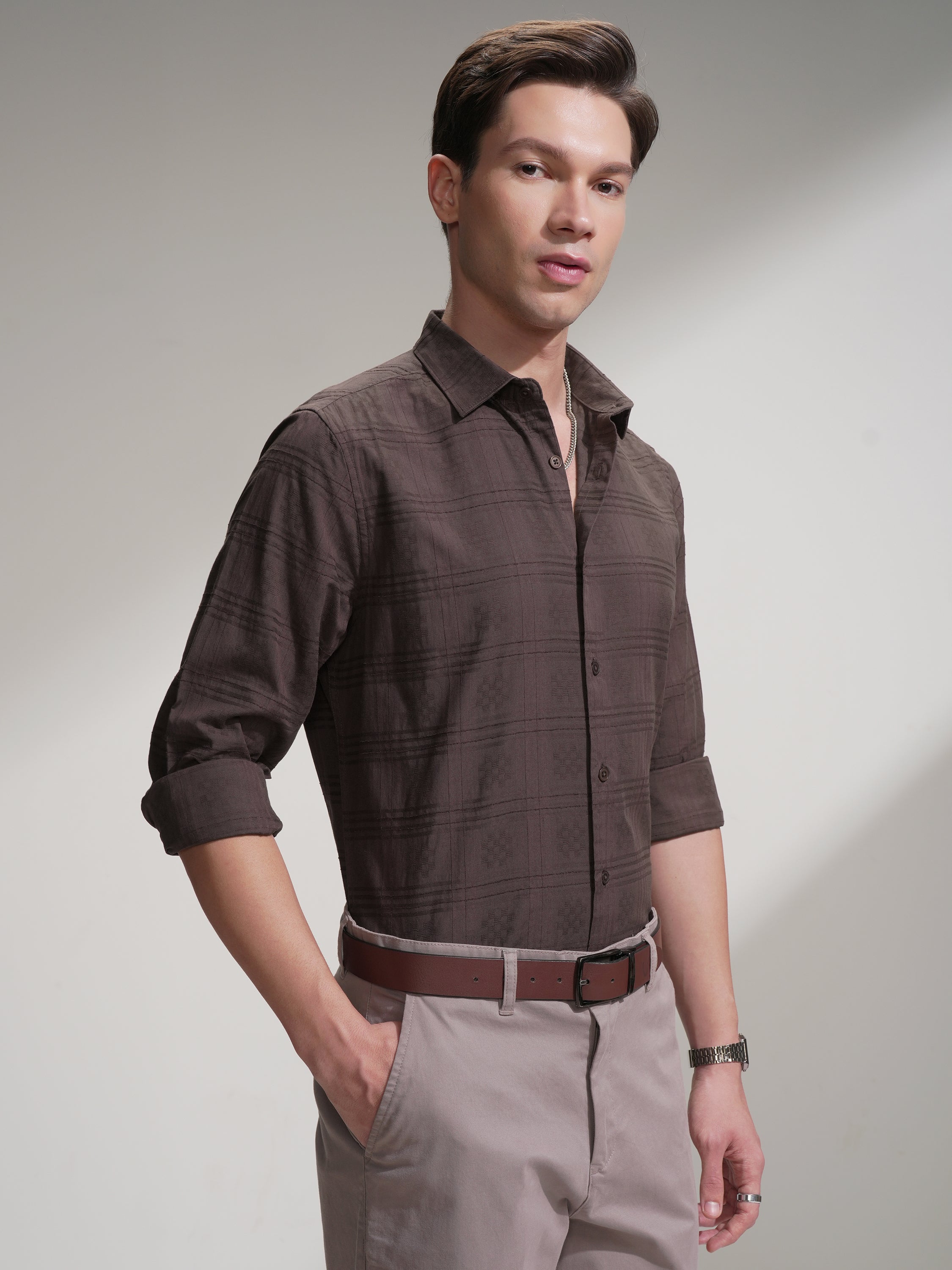 Locomotive Men Brown Self Design Slim Fit Casual Shirt - Brown - Image 6