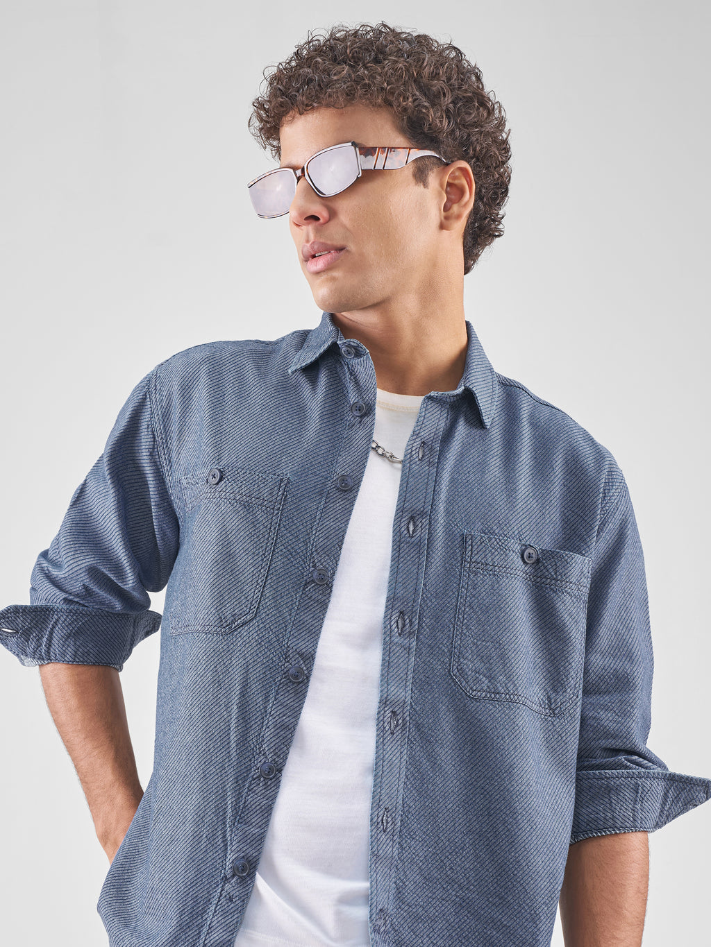 Locomotive Men Navy Blue Self Design Oversized Fit Casual Shirt - Navy Blue - Image 1