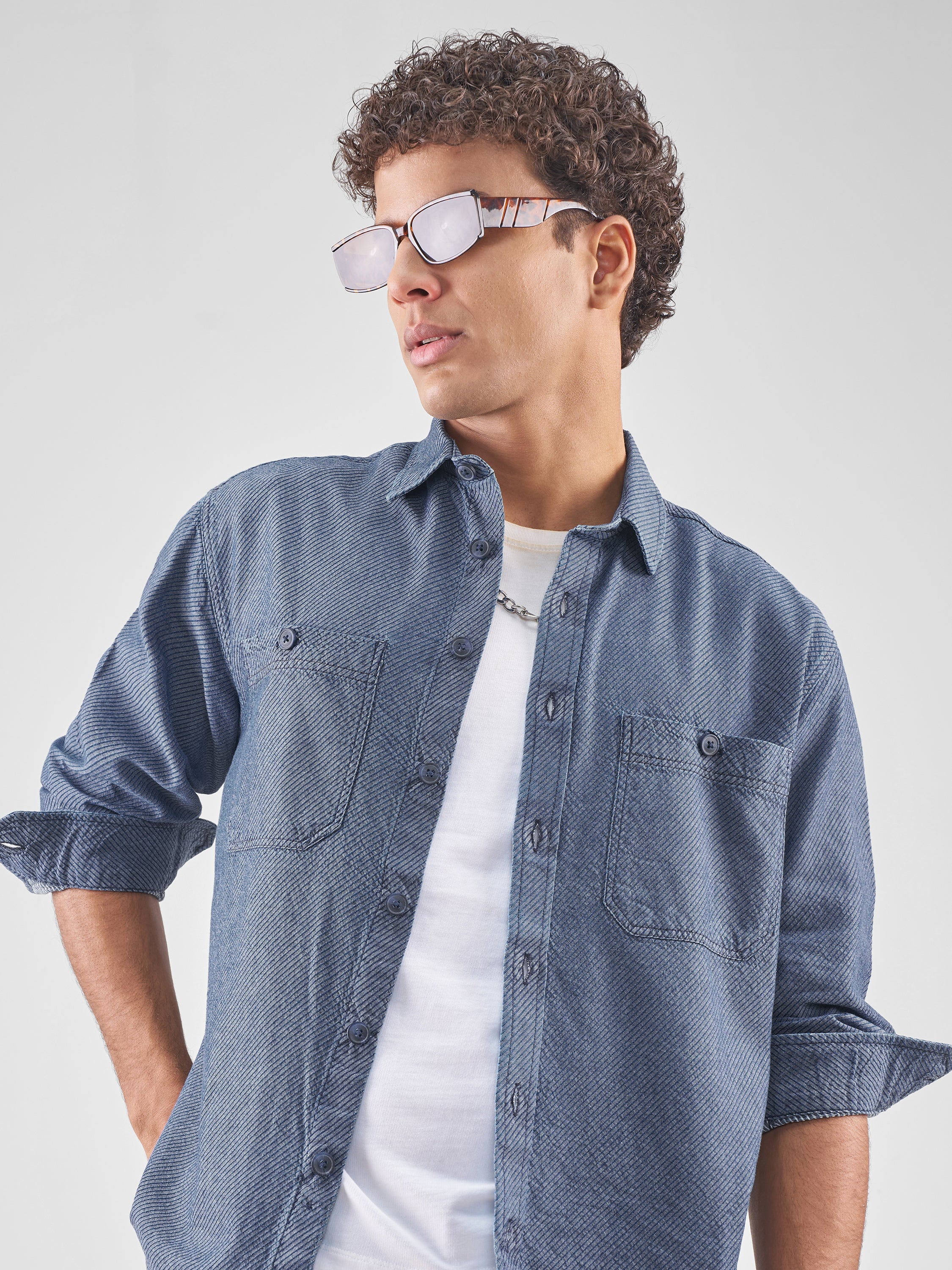 Locomotive Men Navy Blue Self Design Oversized Fit Casual Shirt - Navy Blue - Image 1