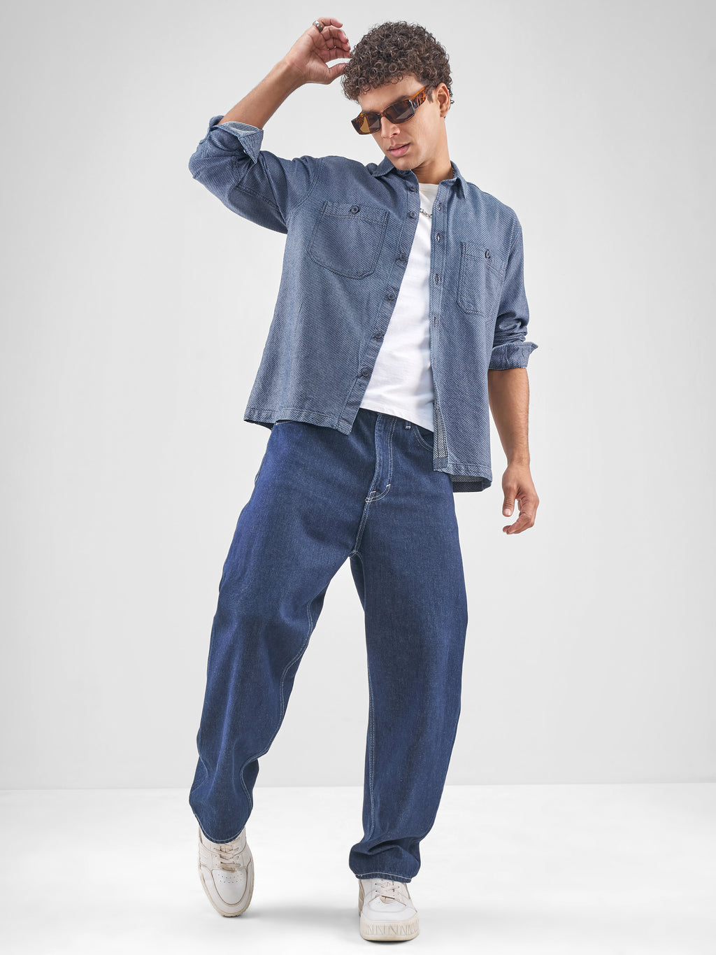 Locomotive Men Navy Blue Self Design Oversized Fit Casual Shirt - Navy Blue - Image 2