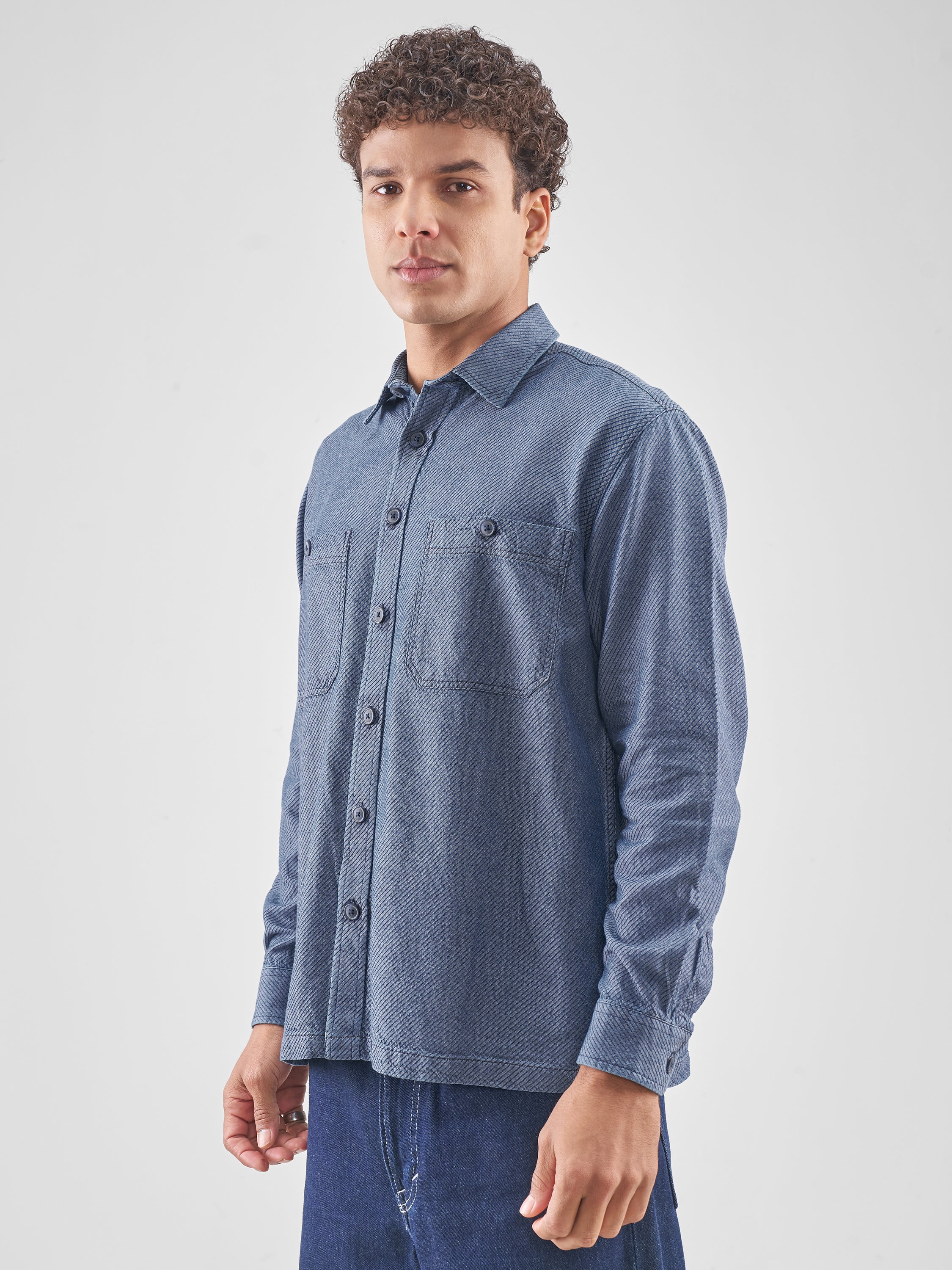 Locomotive Men Navy Blue Self Design Oversized Fit Casual Shirt - Navy Blue - Image 4