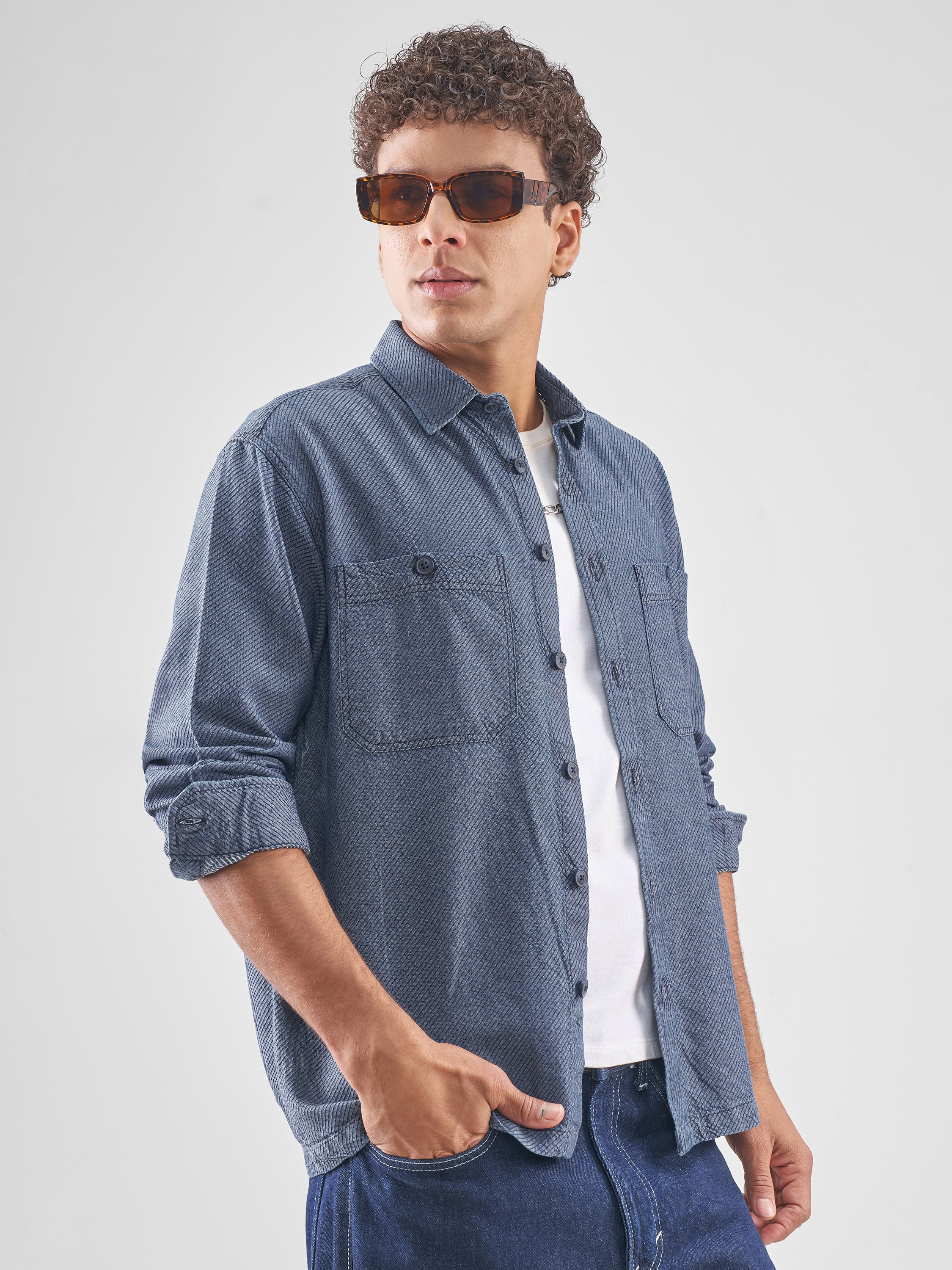 Locomotive Men Navy Blue Self Design Oversized Fit Casual Shirt - Navy Blue - Image 6