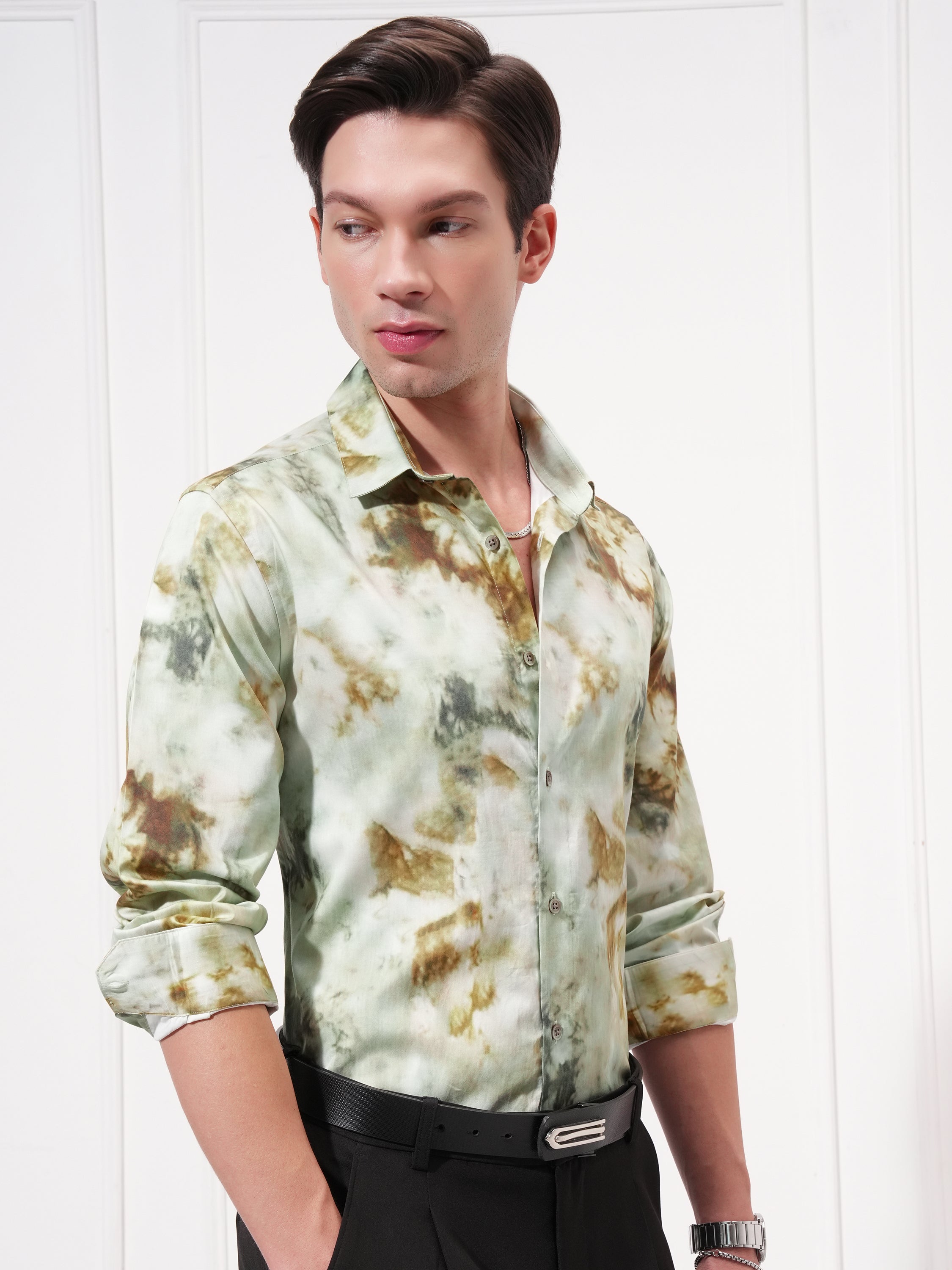 Locomotive Men Olive Printed Slim Fit Casual Shirt - Olive - Image 6