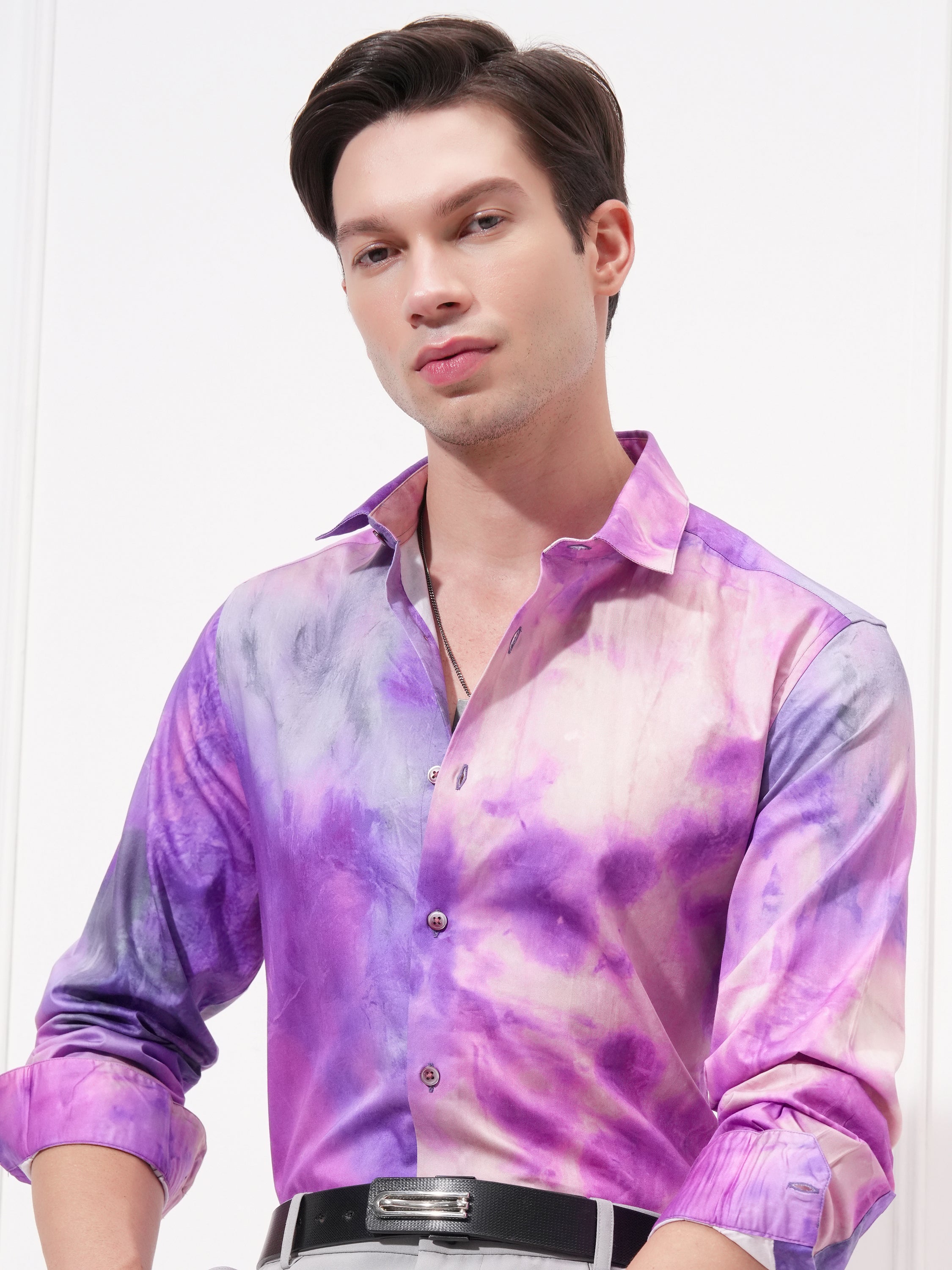 Locomotive Men Lavender Printed Slim Fit Casual Shirt - Lavender - Image 1