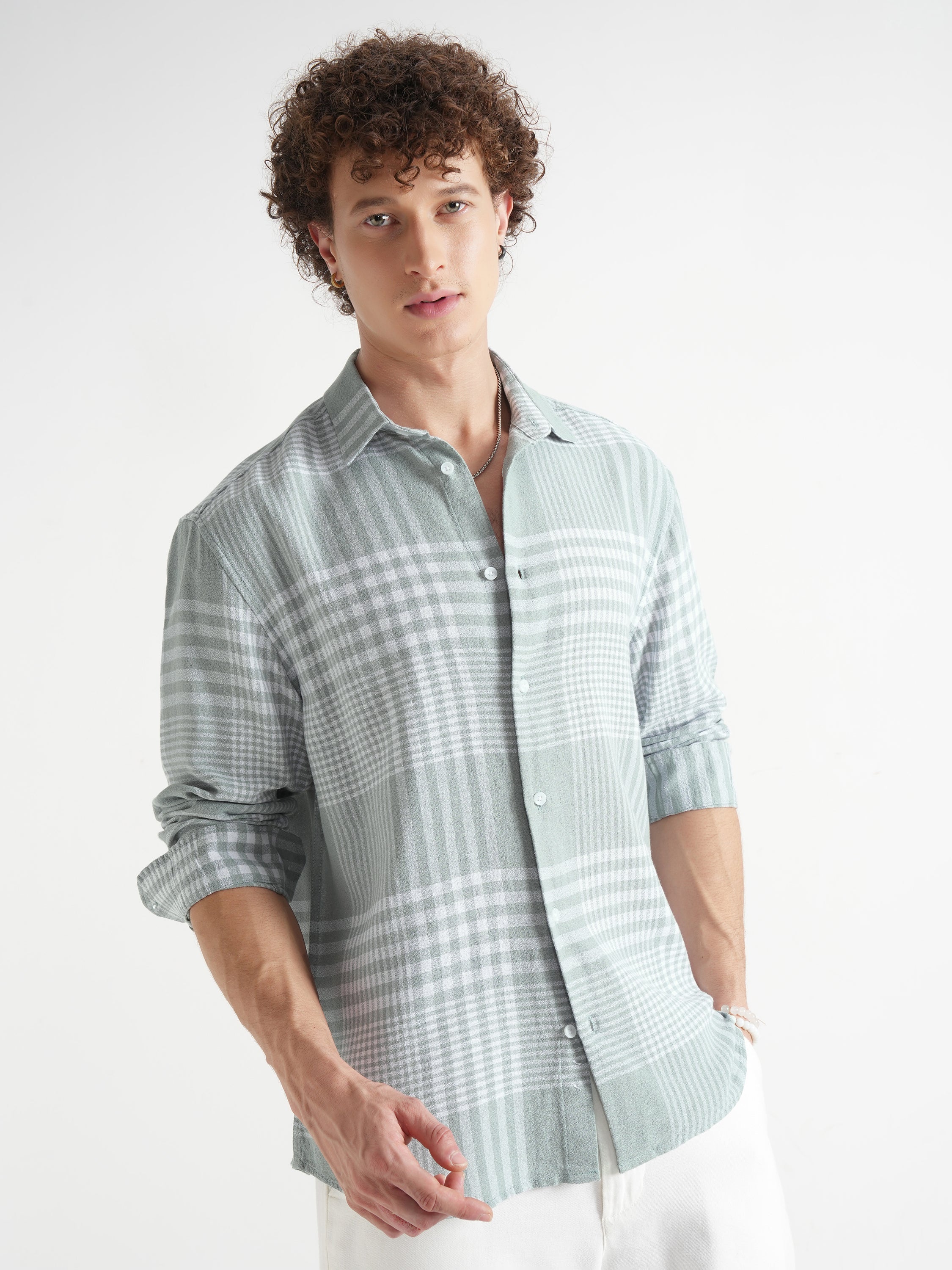 Locomotive Men Green Checked Relaxed Fit Casual Shirt - Green - Image 6