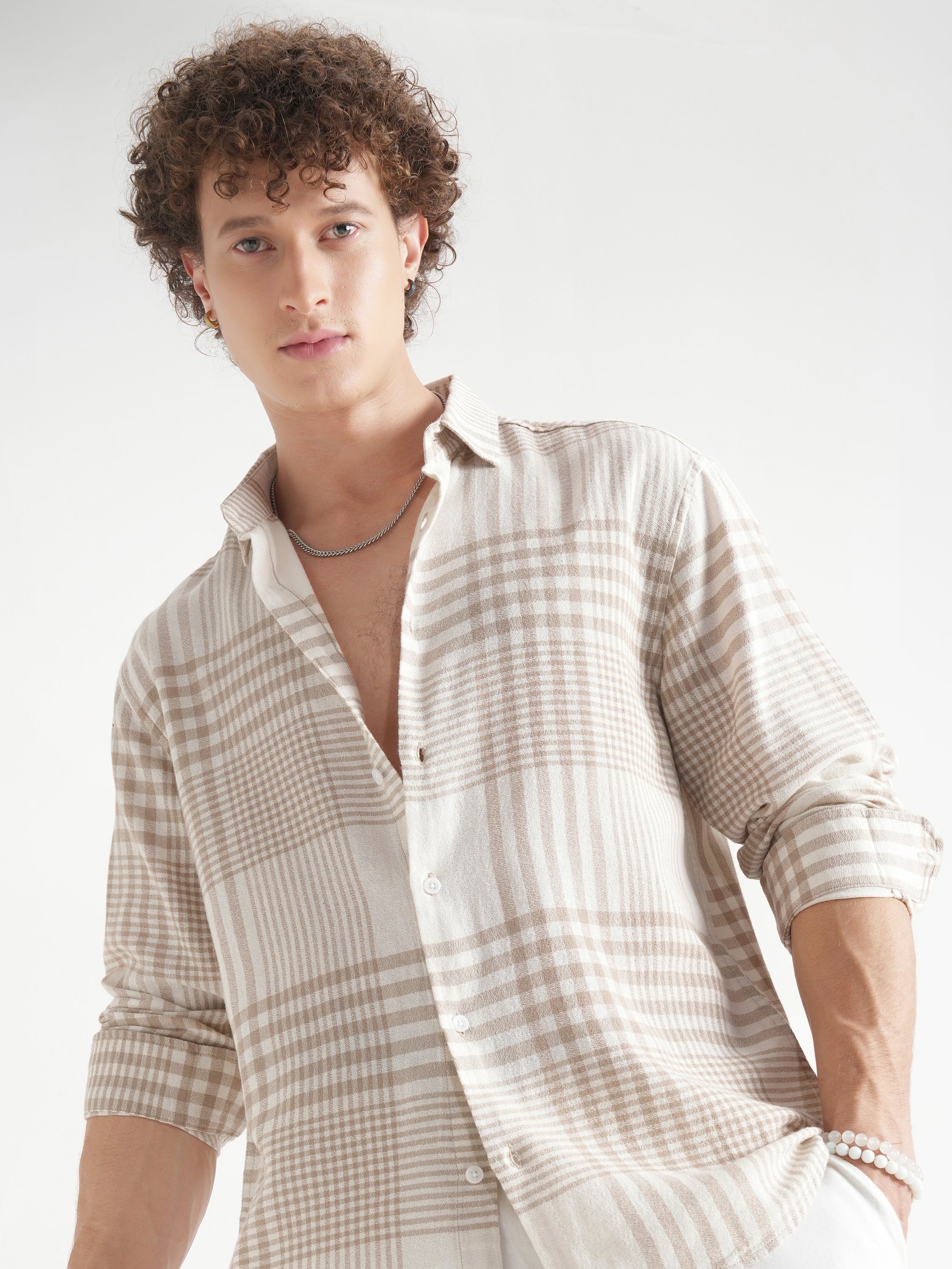 Locomotive Men Beige Checked Relaxed Fit Casual Shirt - Beige - Image 1