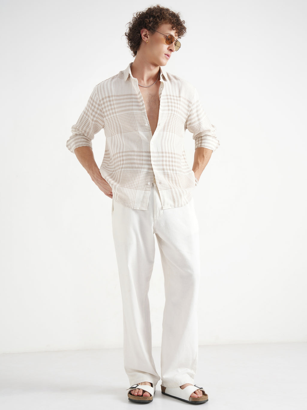 Locomotive Men Beige Checked Relaxed Fit Casual Shirt - Beige - Image 2