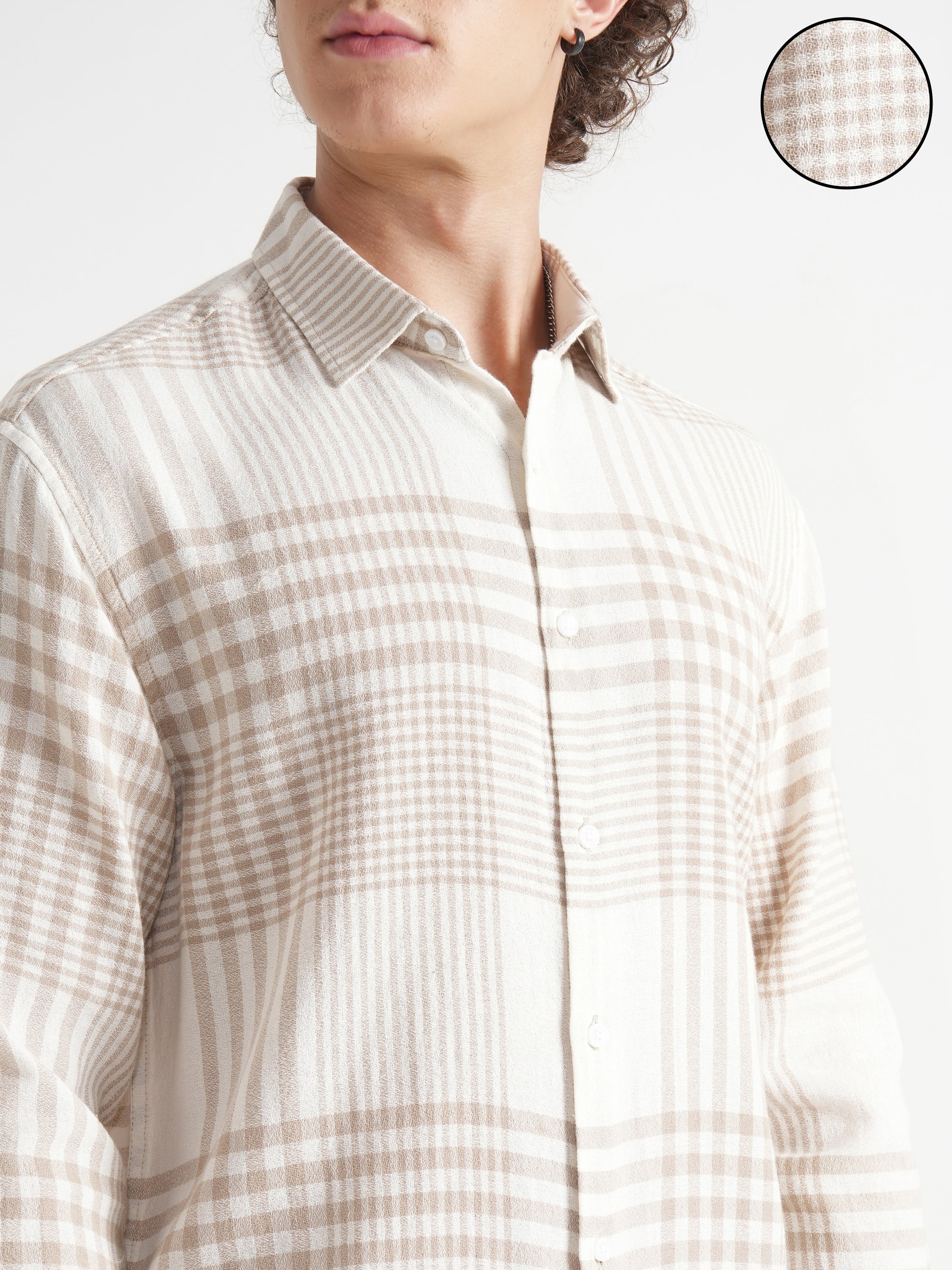 Locomotive Men Beige Checked Relaxed Fit Casual Shirt - Beige - Image 5