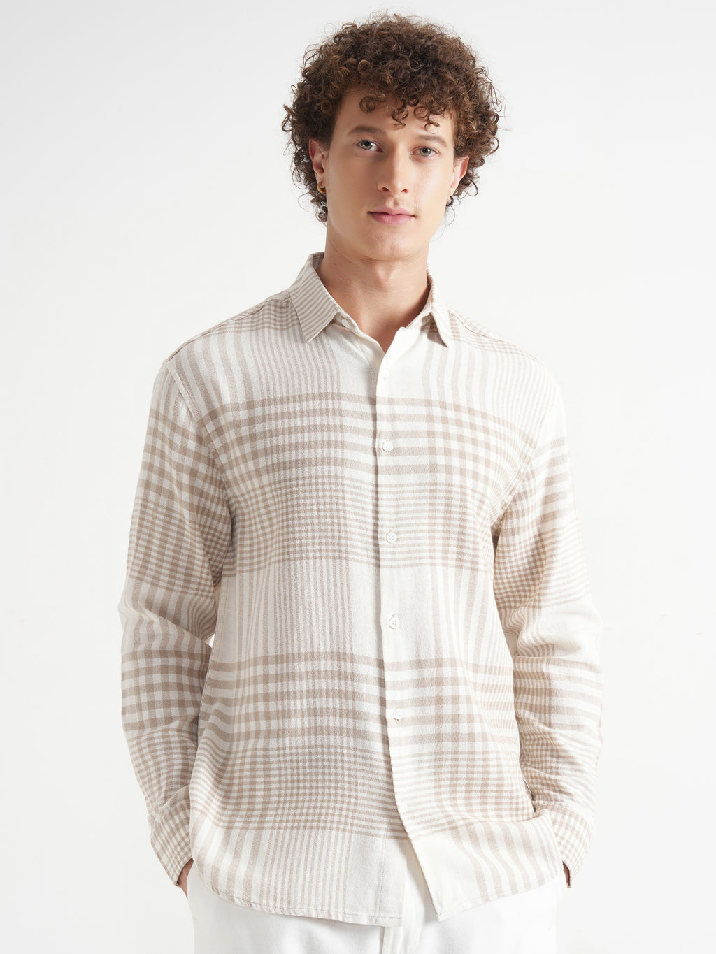 Locomotive Men Beige Checked Relaxed Fit Casual Shirt - Beige - Image 6