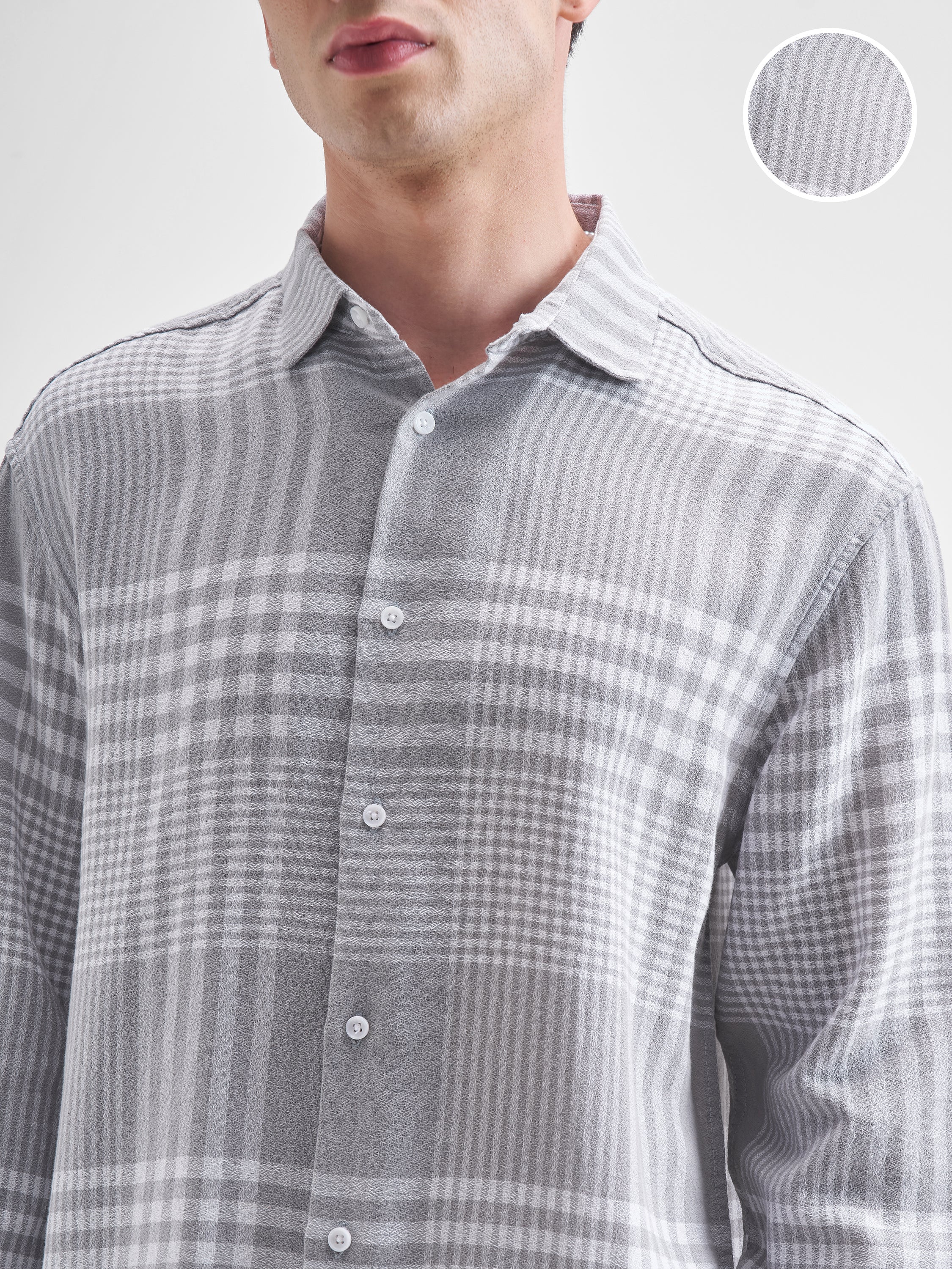 Locomotive Men Grey Checked Relaxed Fit Casual Shirt - Grey - Image 5