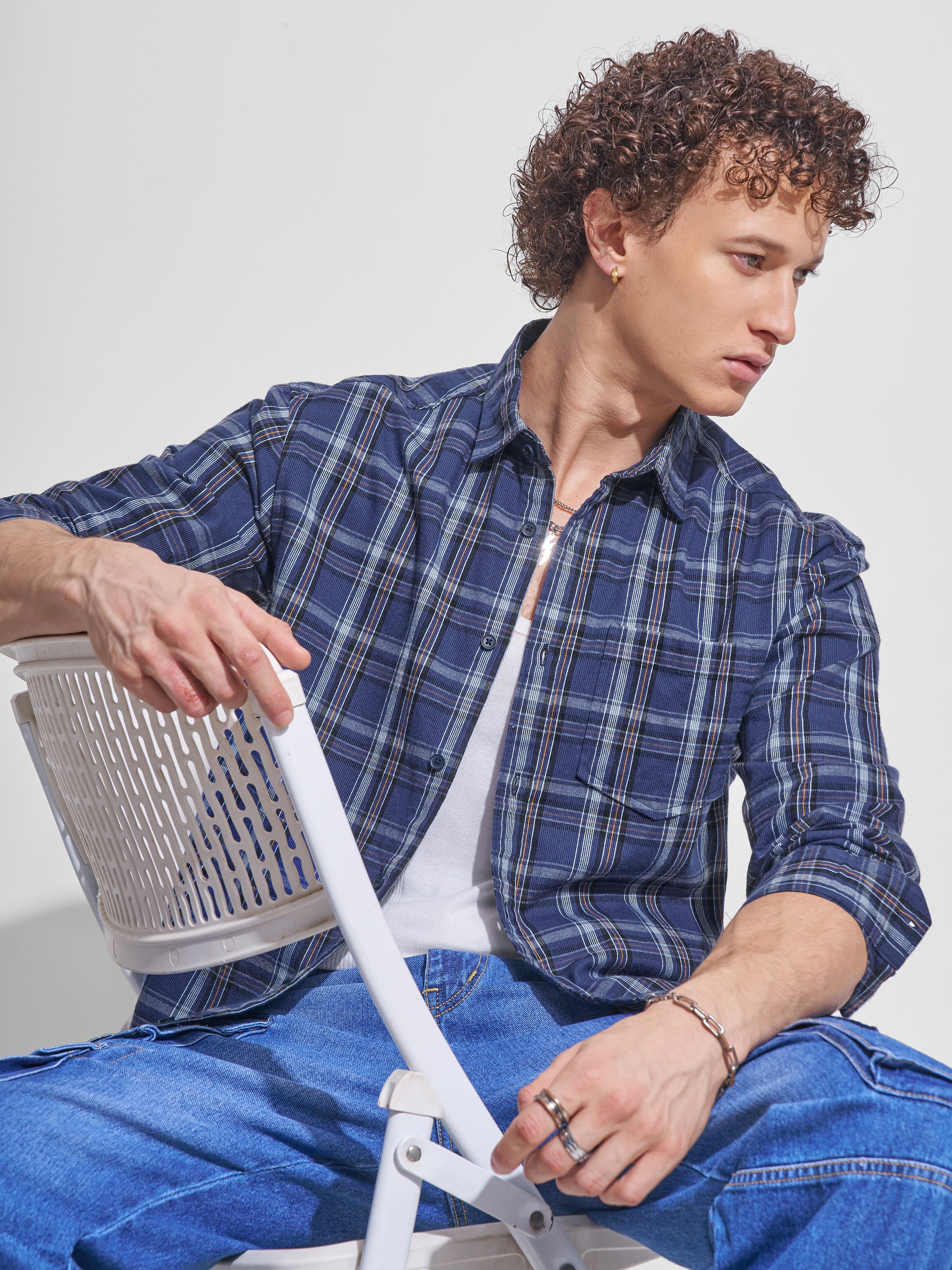 Locomotive Men Navy Blue Checked Relaxed Fit Casual Shirt - Navy Blue - Image 1