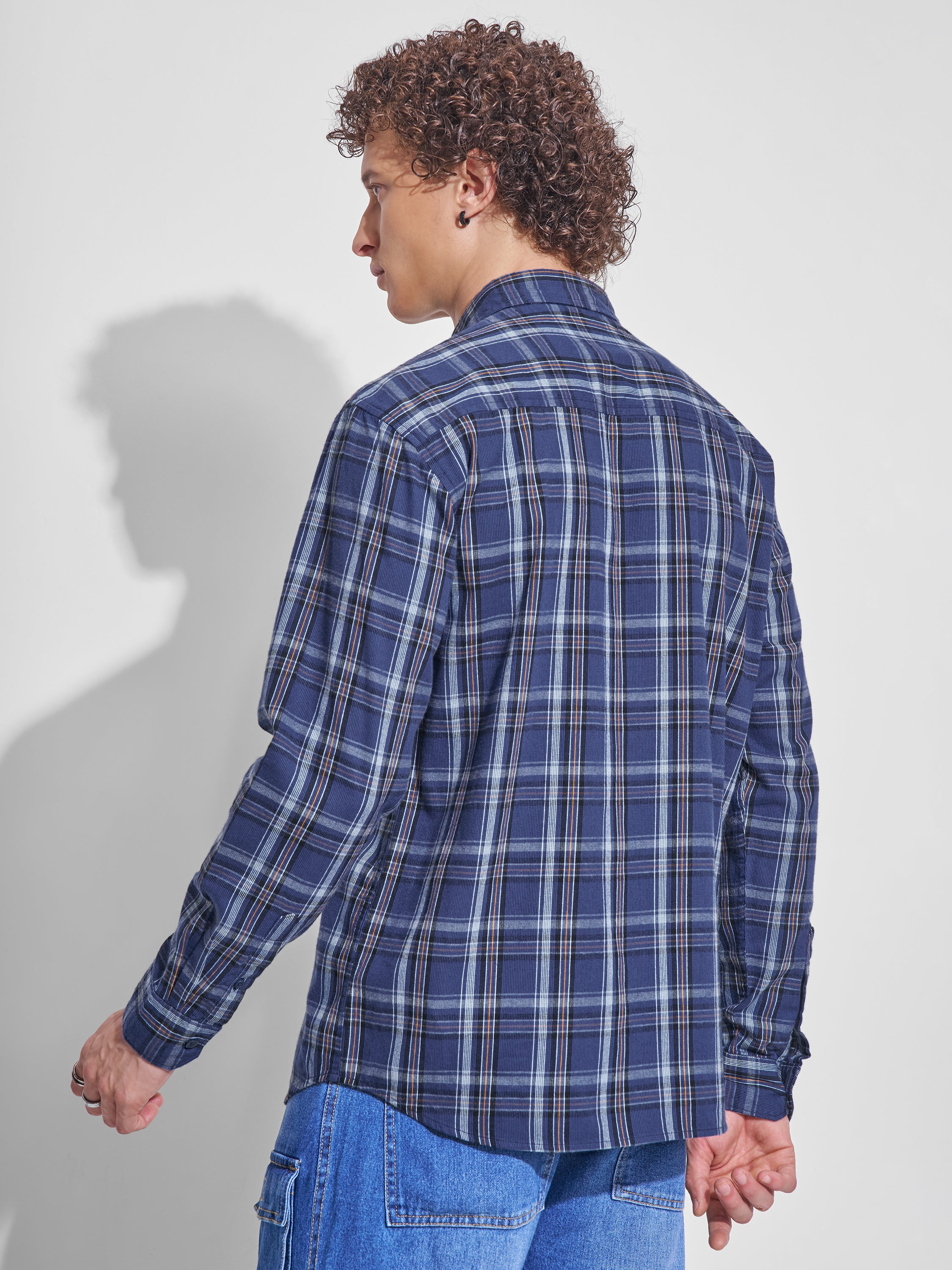Locomotive Men Navy Blue Checked Relaxed Fit Casual Shirt - Navy Blue - Image 3