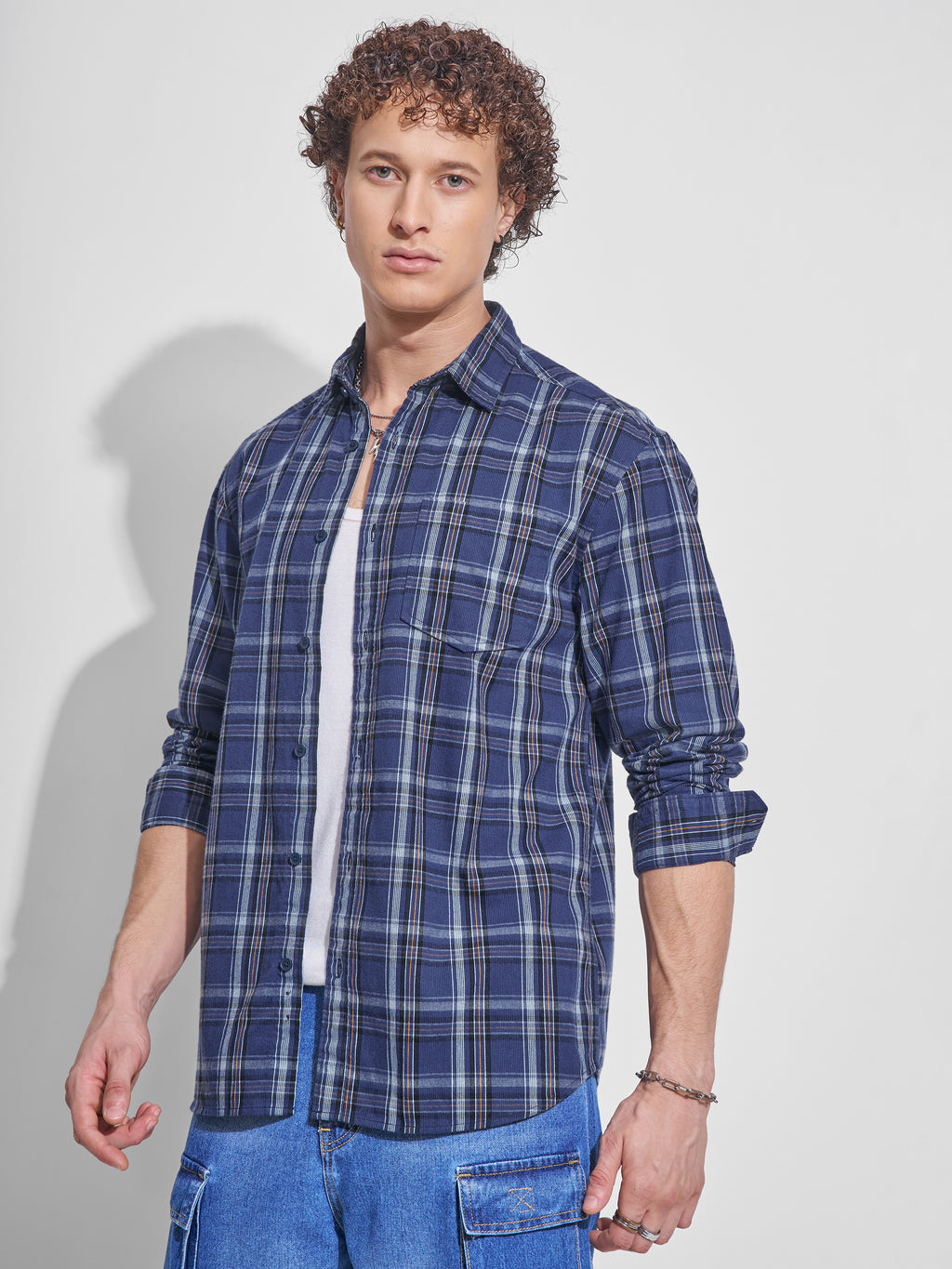 Locomotive Men Navy Blue Checked Relaxed Fit Casual Shirt - Navy Blue - Image 4