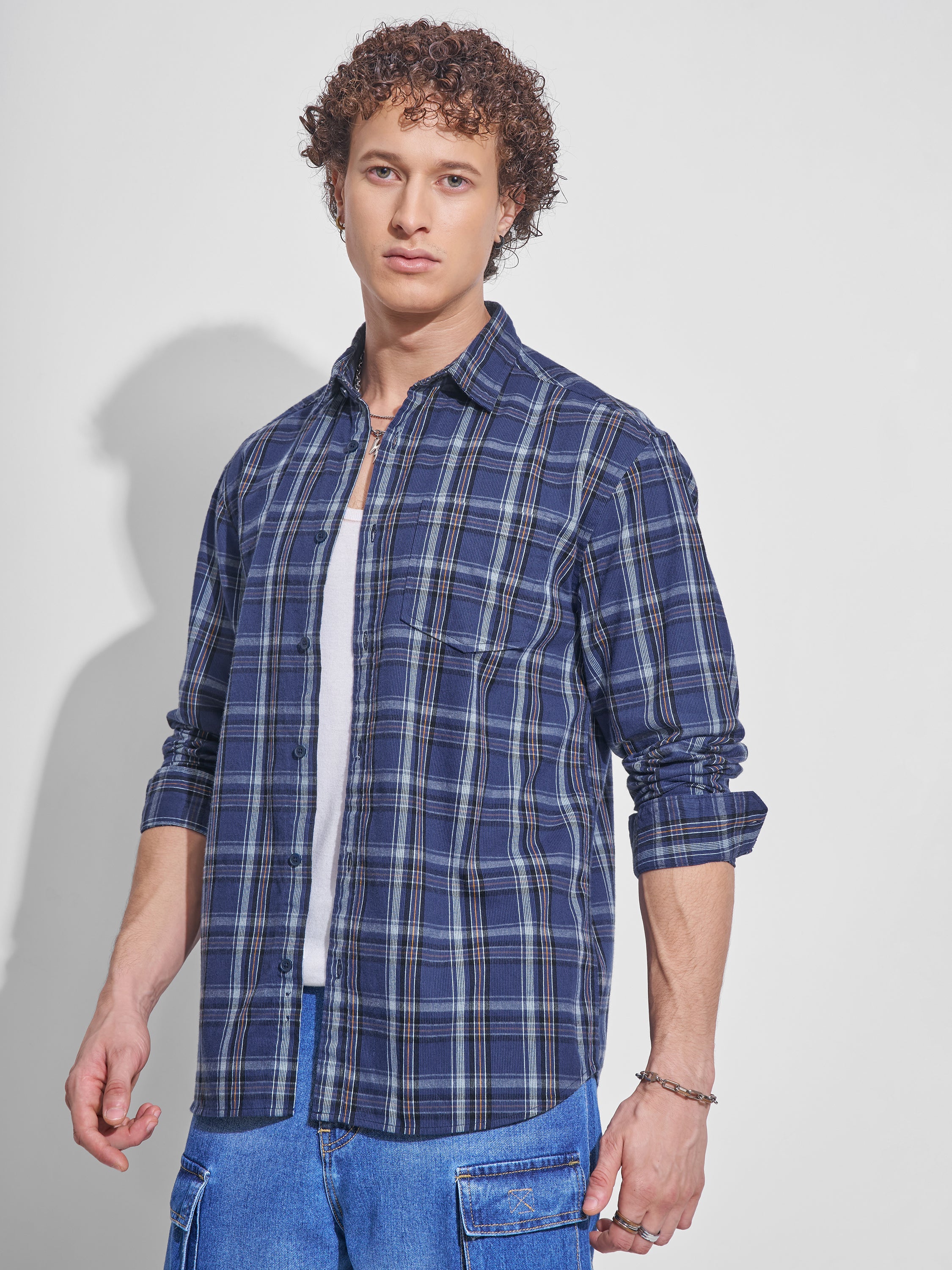 Locomotive Men Navy Blue Checked Relaxed Fit Casual Shirt - Navy Blue - Image 4