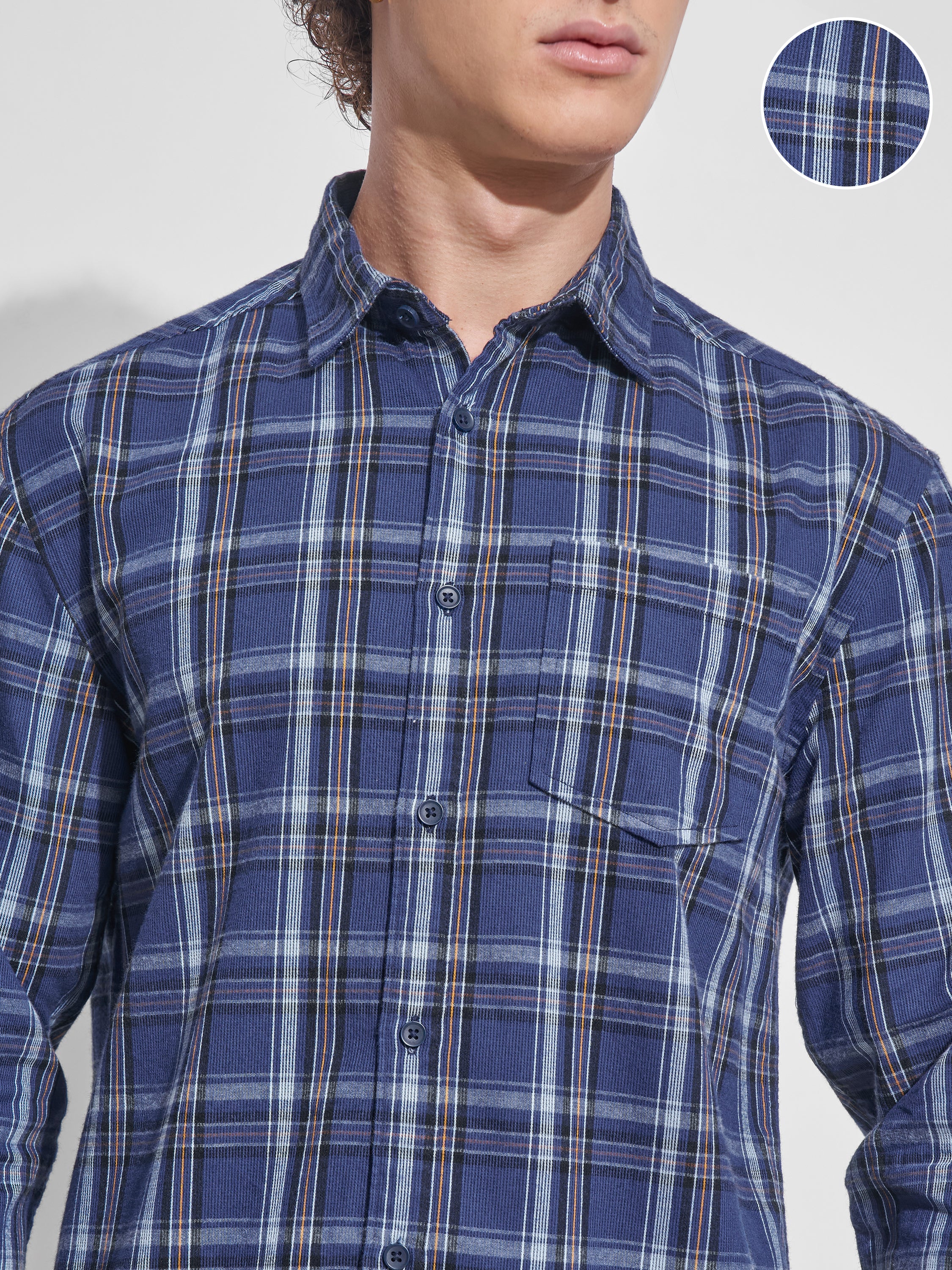 Locomotive Men Navy Blue Checked Relaxed Fit Casual Shirt - Navy Blue - Image 5