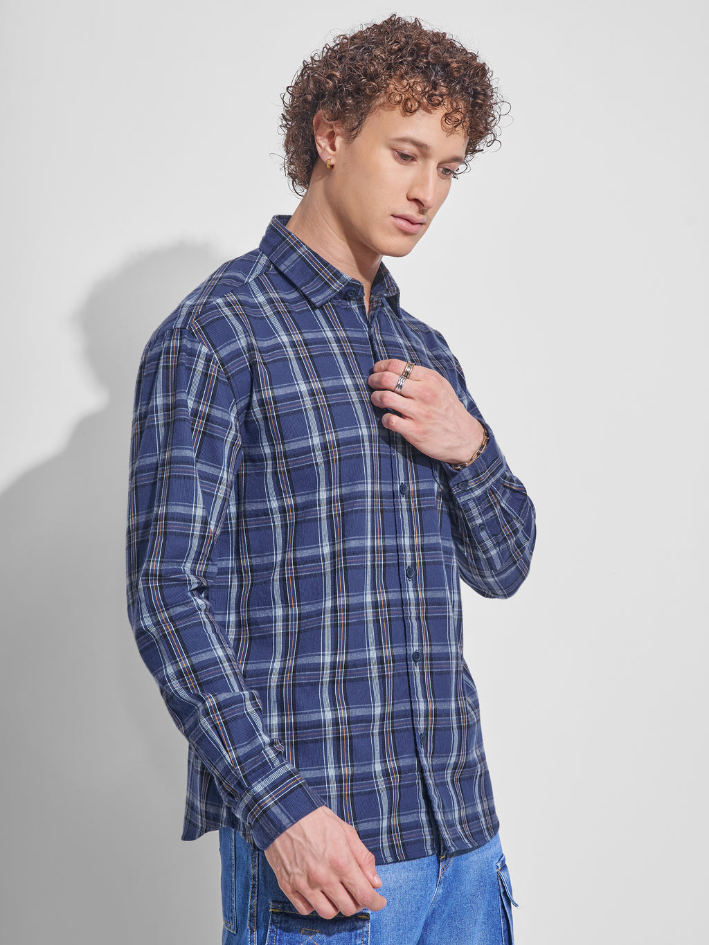 Locomotive Men Navy Blue Checked Relaxed Fit Casual Shirt - Navy Blue - Image 6