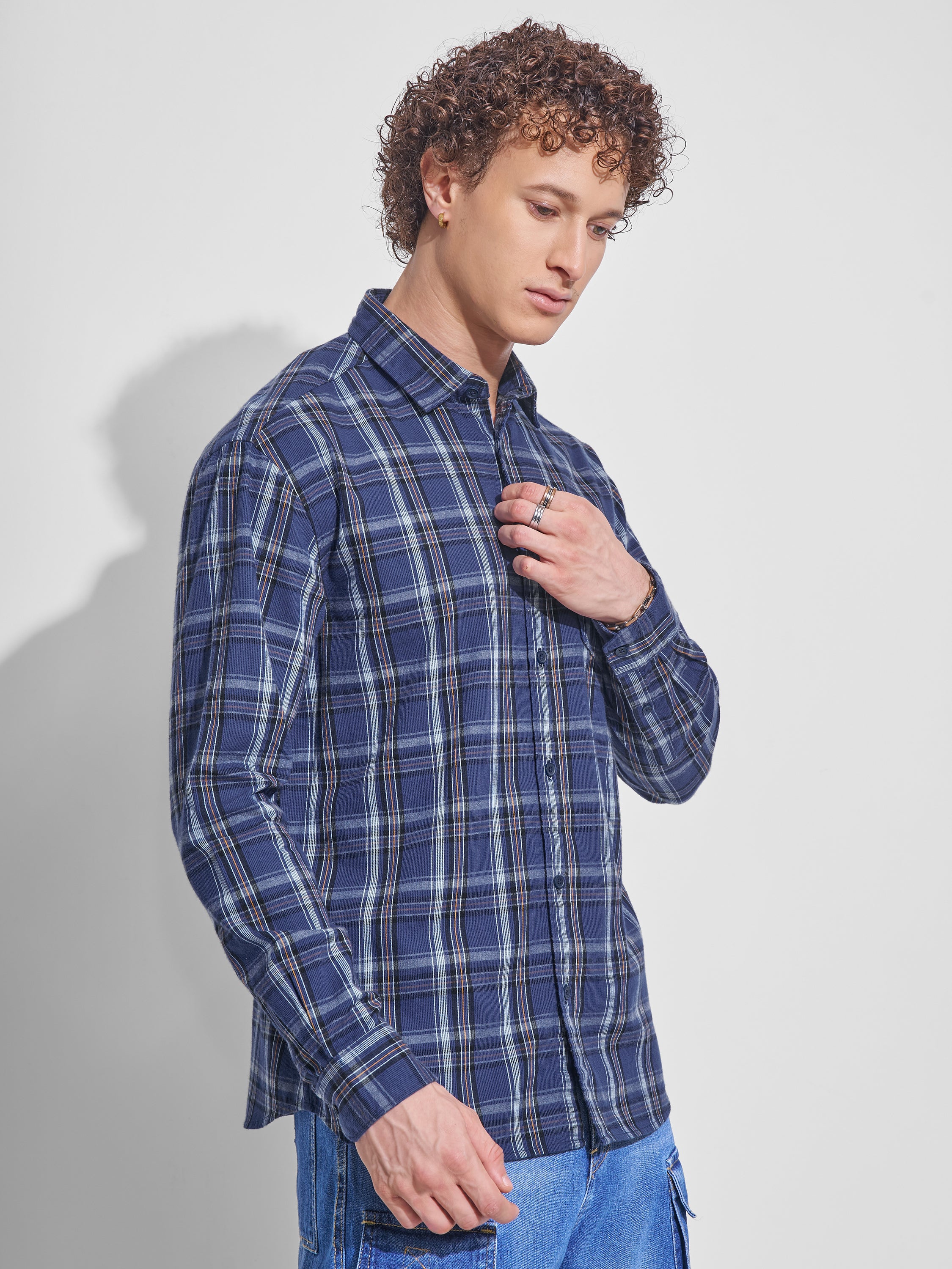 Locomotive Men Navy Blue Checked Relaxed Fit Casual Shirt - Navy Blue - Image 6