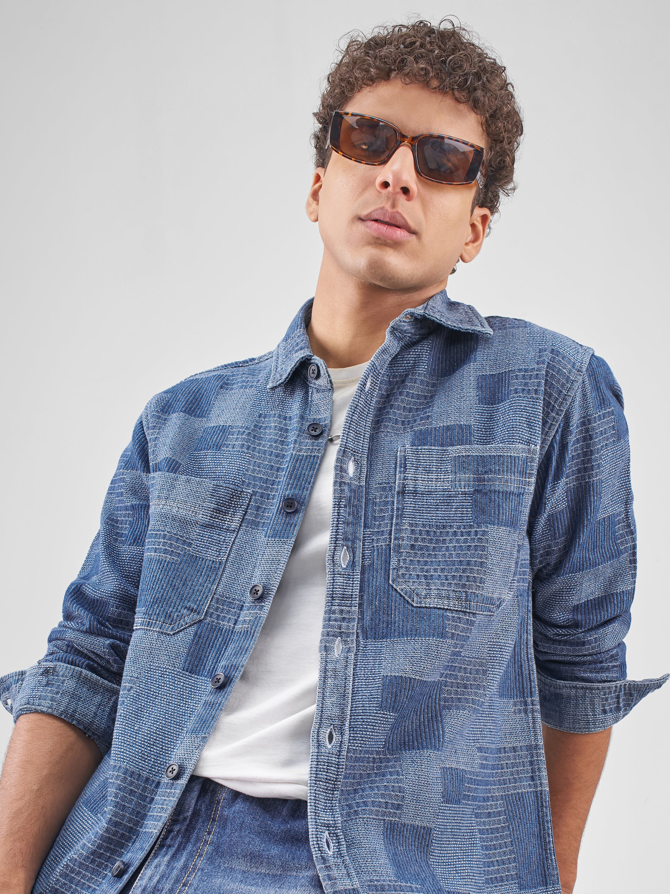 Locomotive Men Blue Self Design Relaxed Fit Casual Shirt - Blue - Image 1